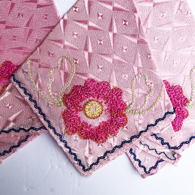 American Silk Hand Stitched Pink Floral Dinner Napkins or Hankies Set of 8