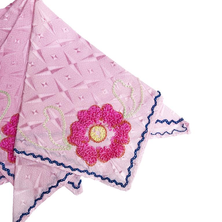 Pink silk handstitched floral dinner napkins or hankies. Set of 8. Beautiful pink silk brocade pattern and handstitched rosettes in bright pink. Blue stitching around the edges of each piece. Green and yellow stitched details throughout. A great way