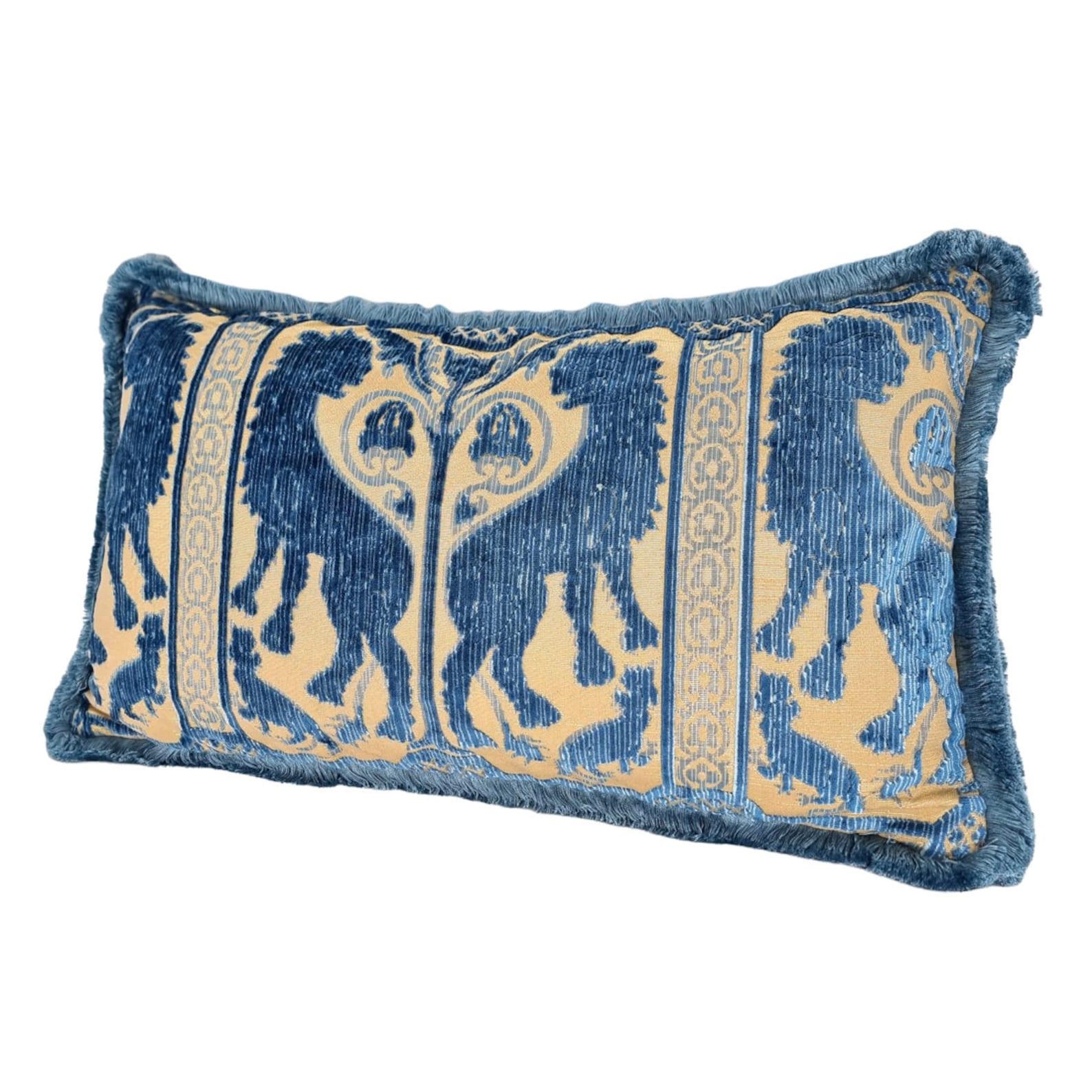 Italian Silk Heddle Velvet Pillow Luigi Bevilacqua Indigo Blue Leoni Bizantini Pattern For Sale