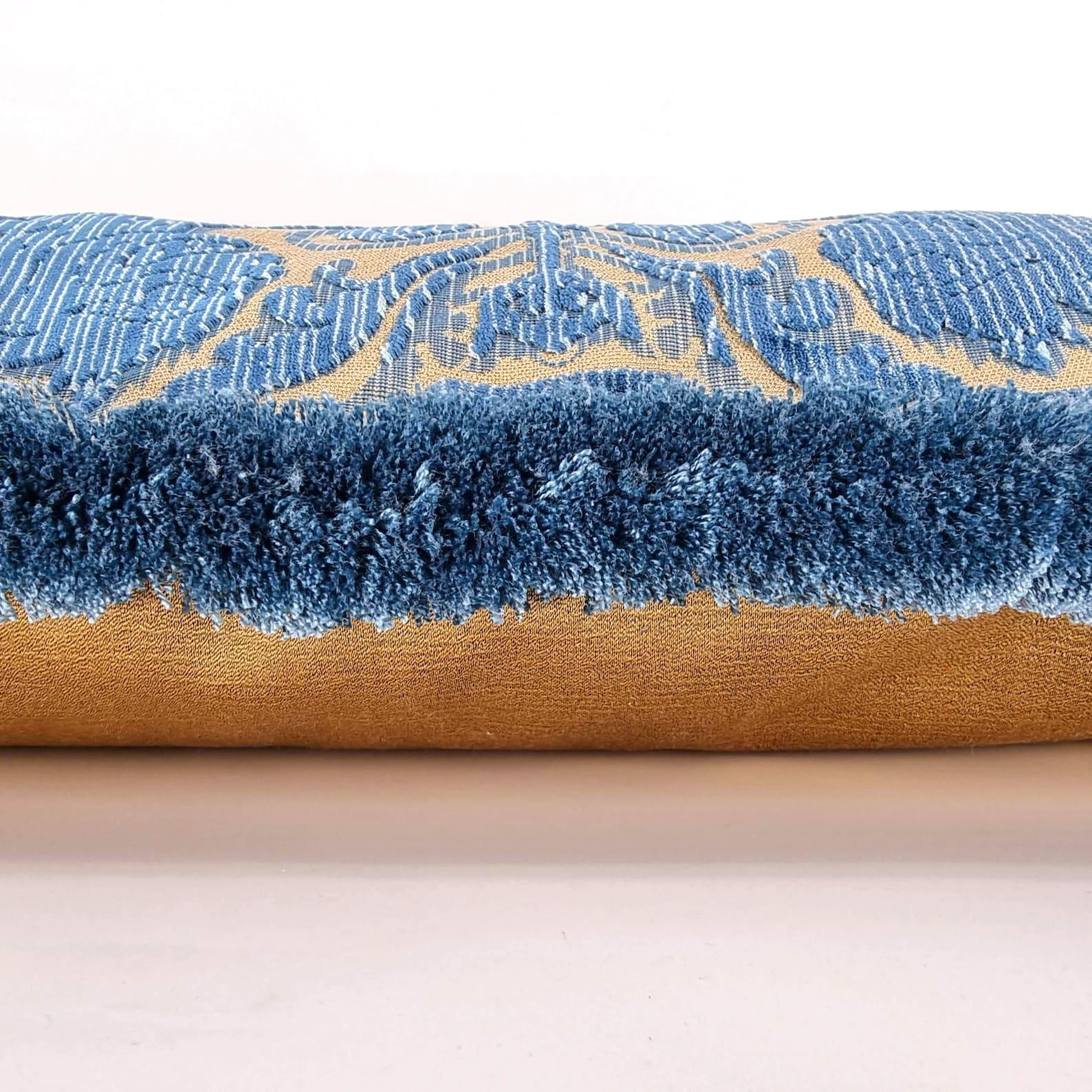 Hand-Crafted Silk Heddle Velvet Pillow Luigi Bevilacqua Indigo Blue Leoni Bizantini Pattern For Sale