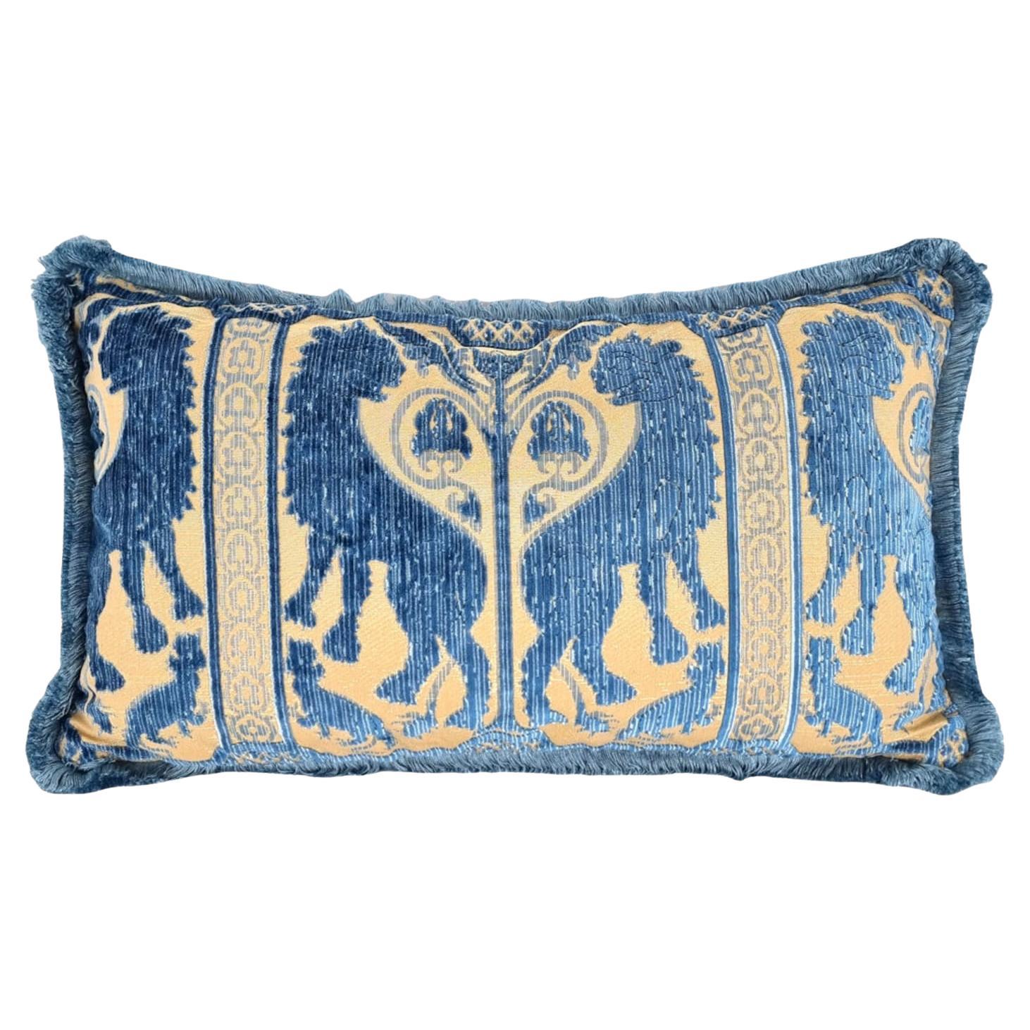 Silk Heddle Velvet Pillow Luigi Bevilacqua Indigo Blue Leoni Bizantini Pattern For Sale