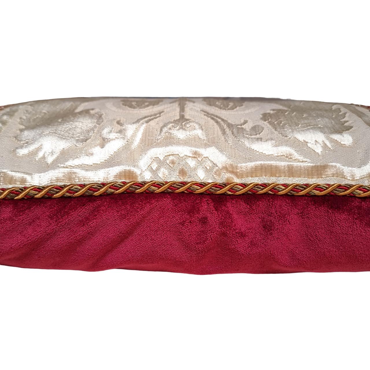 Italian Silk Heddle Velvet Pillow Luigi Bevilacqua Red and Ivory Leoni Bizantini Pattern For Sale