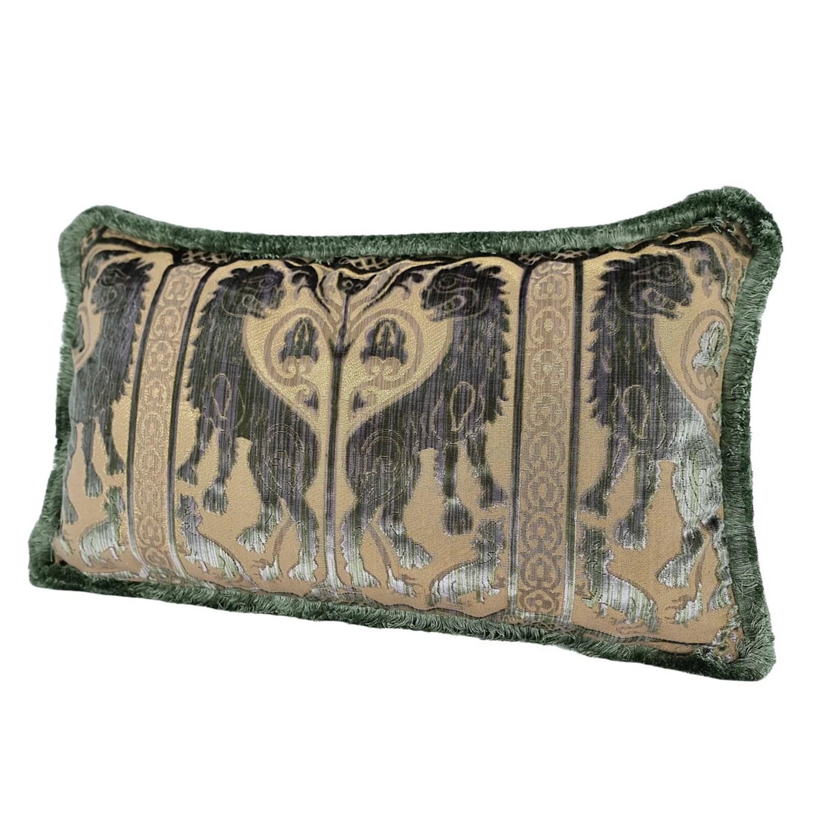 Italian Silk Heddle Velvet Pillow Luigi Bevilacqua Olive Green Leoni Bizantini Pattern For Sale