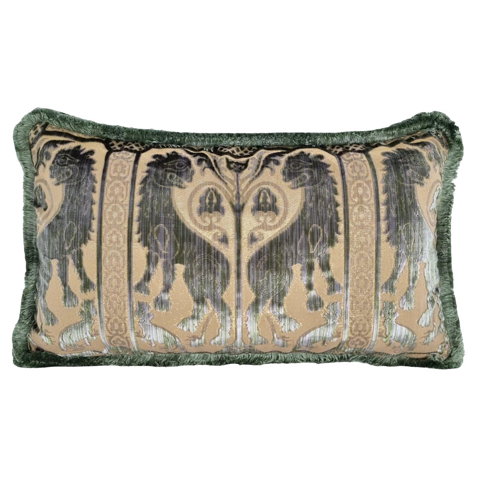 Silk Heddle Velvet Pillow Luigi Bevilacqua Olive Green Leoni Bizantini Pattern For Sale