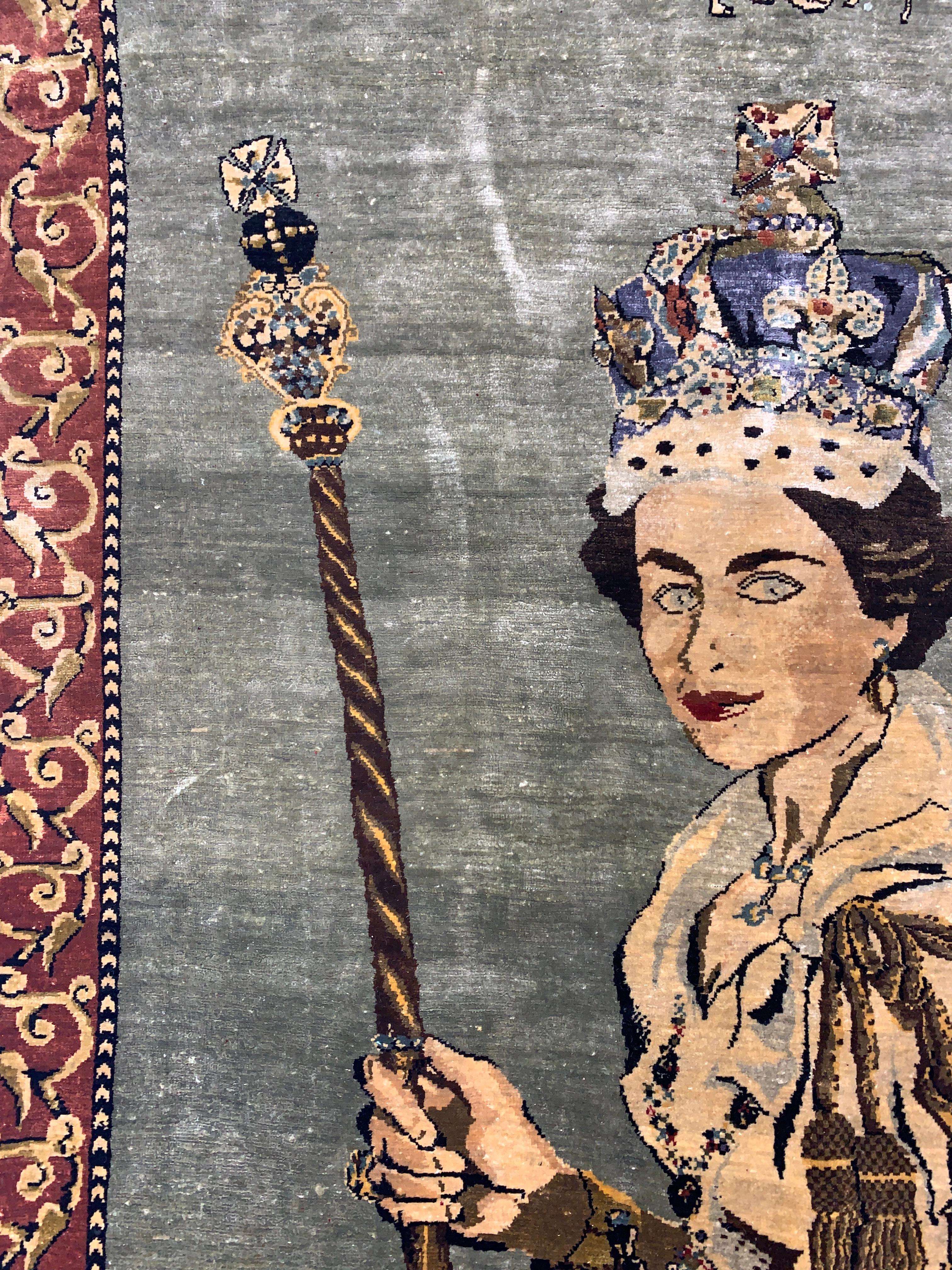 20th Century Silk Hereke Ozipek Rug Depicts Queen Elizabeth