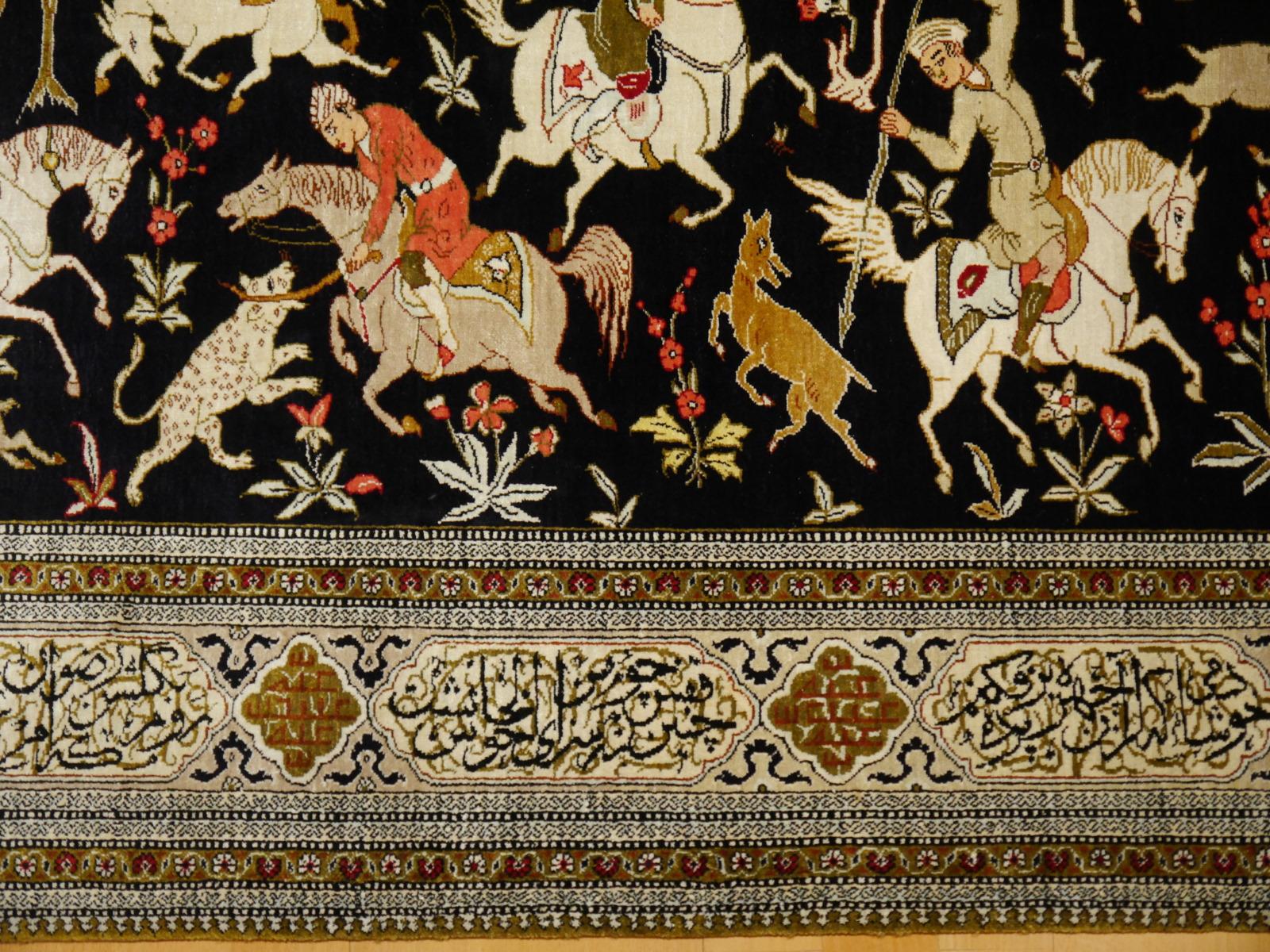 Silk Hunting Rug Hand Knotted Midcentury Wall Decoration For Sale at ...