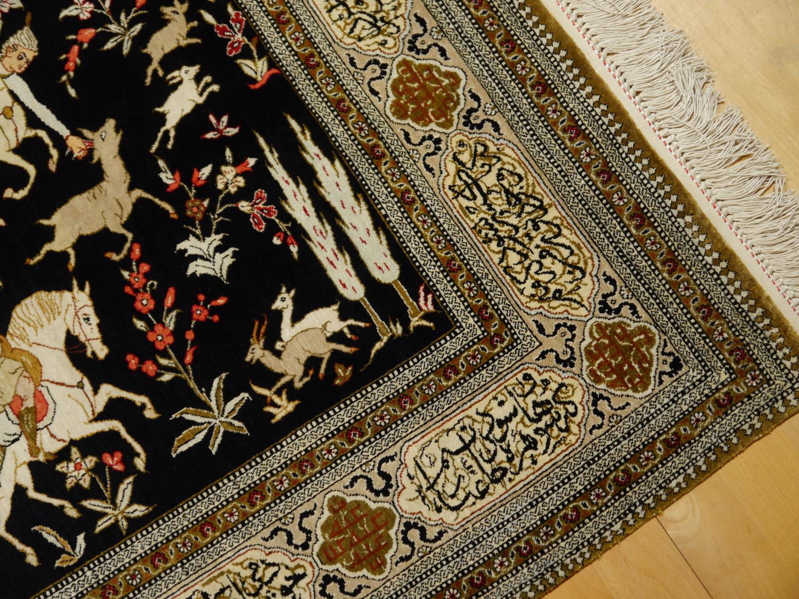 Silk Hunting Rug Hand Knotted Midcentury Wall Decoration For Sale at ...