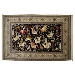 Silk Hunting Rug Hand Knotted Midcentury Wall Decoration