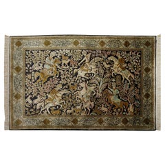 Tapis de chasse en soie noué à la main, décoration murale du milieu du siècle dernier