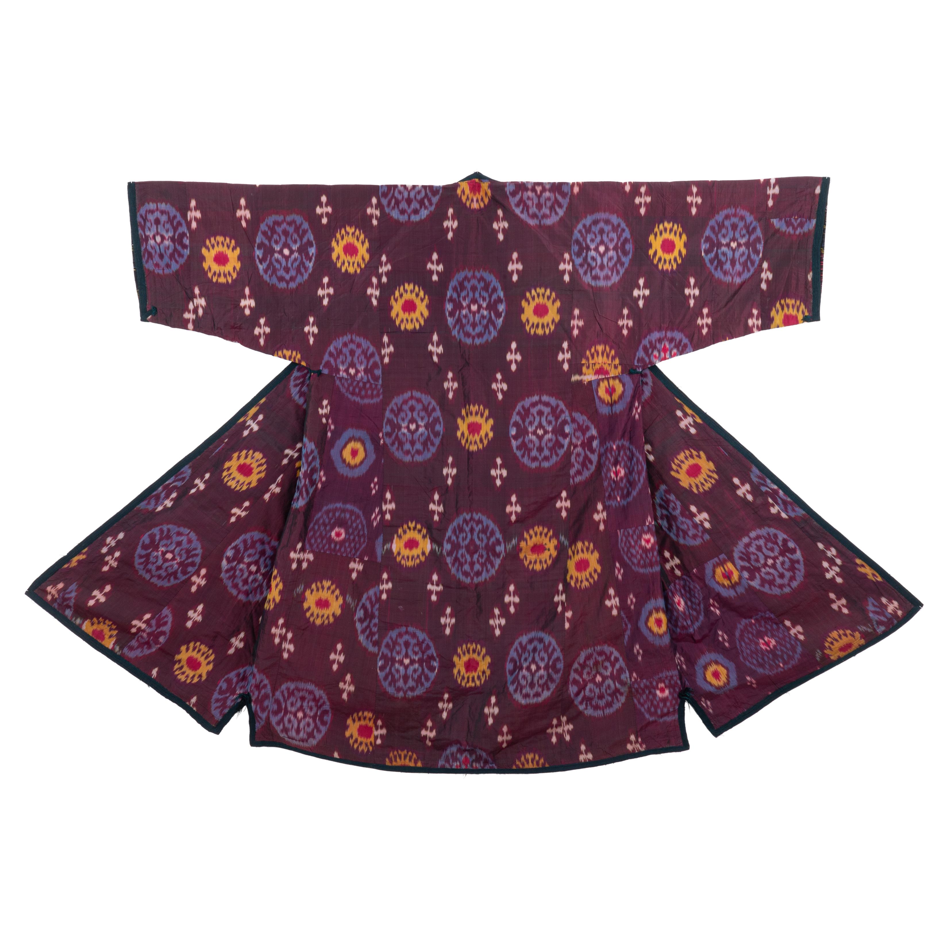 Chapans are probably the most famous Central Asian fashion garments made from mostly ıkats, either pure silk and lined with cotton, or silk war and cotton weft , again with a cotton lining.
This is an antique and used chapan therefore it is not in