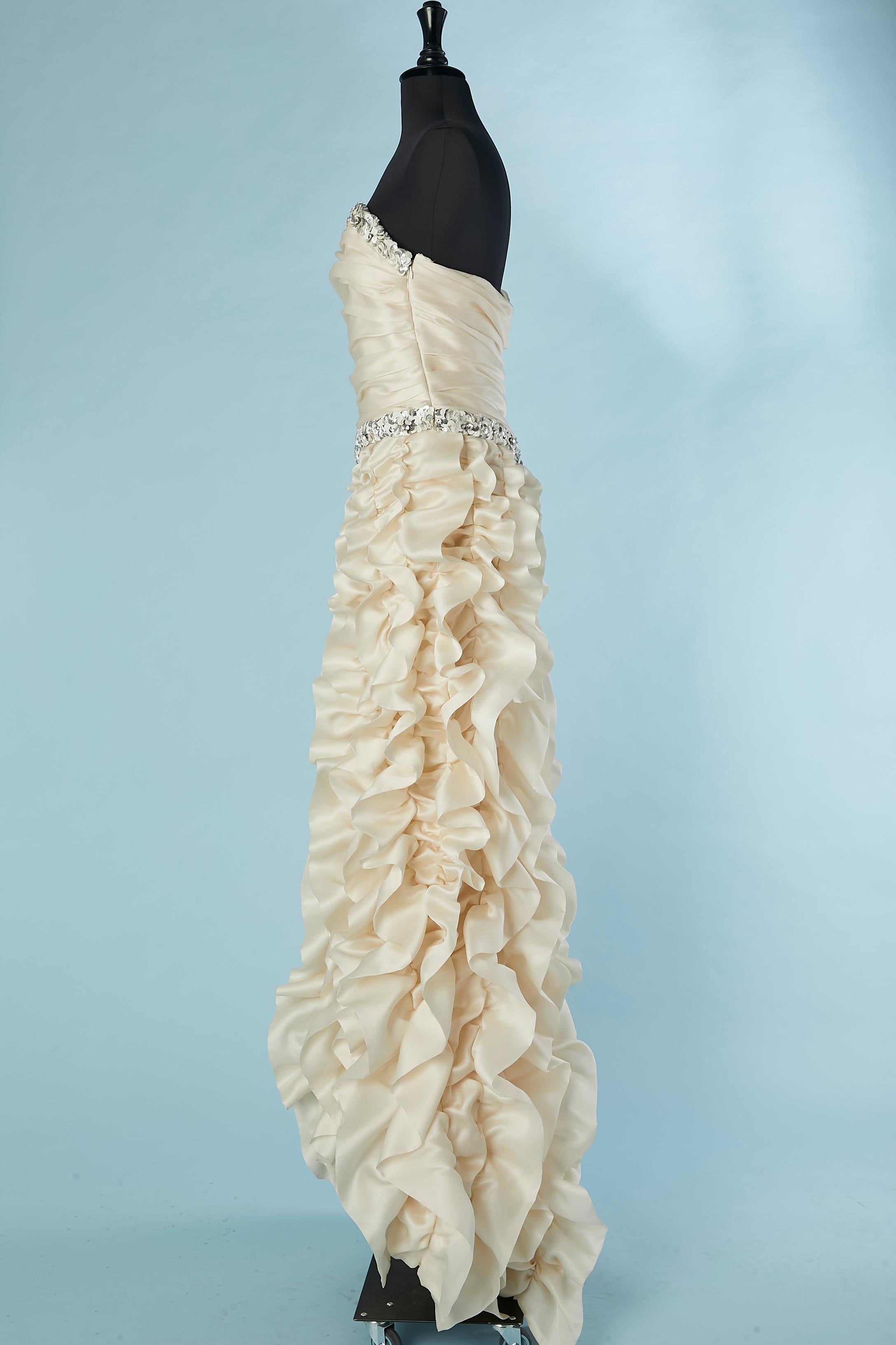 Silk ivory evening dress with drapped, ruffles and embroideries Lorena Sarbu  For Sale 3