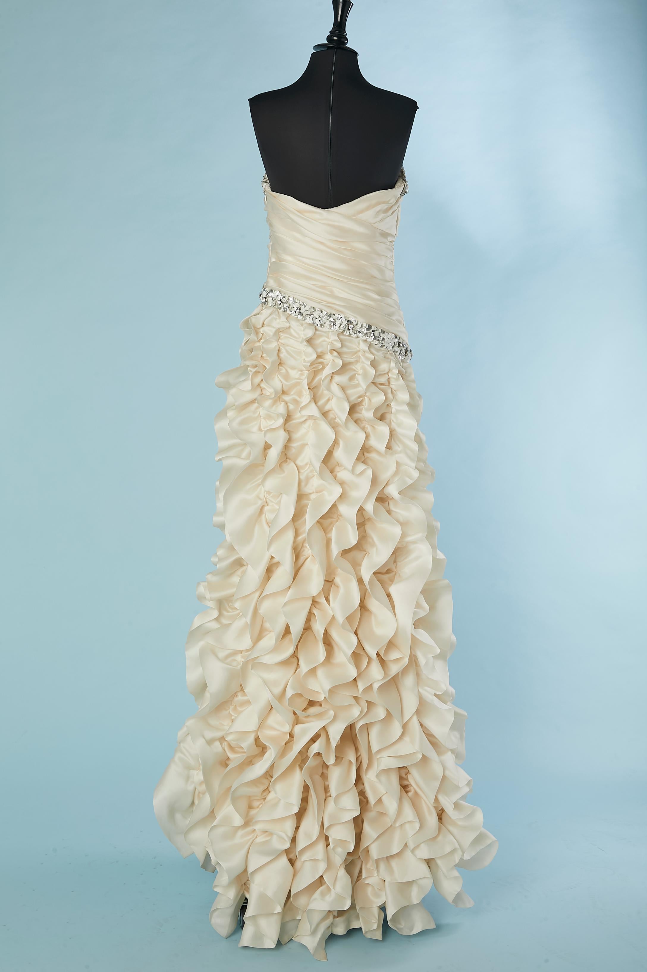 Silk ivory evening dress with drapped, ruffles and embroideries Lorena Sarbu  For Sale 4