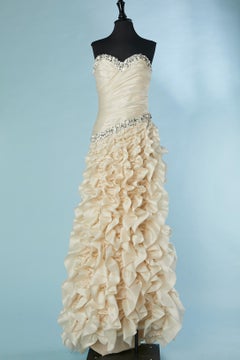 Silk ivory evening dress with drapped, ruffles and embroideries Lorena Sarbu 