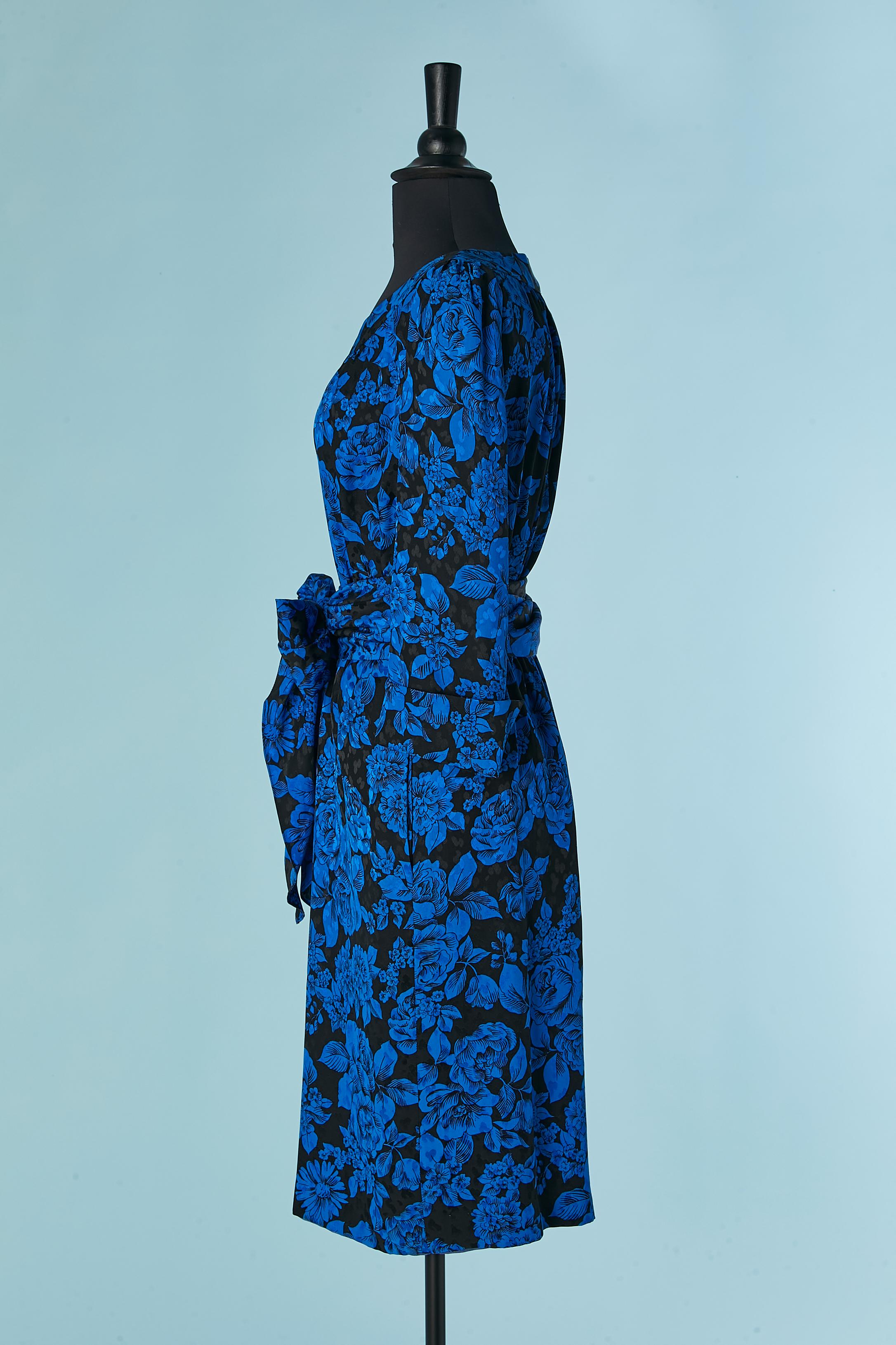 Women's Silk jacquard cocktail dress with blue and black print SAINT LAURENT RIVE GAUCHE For Sale