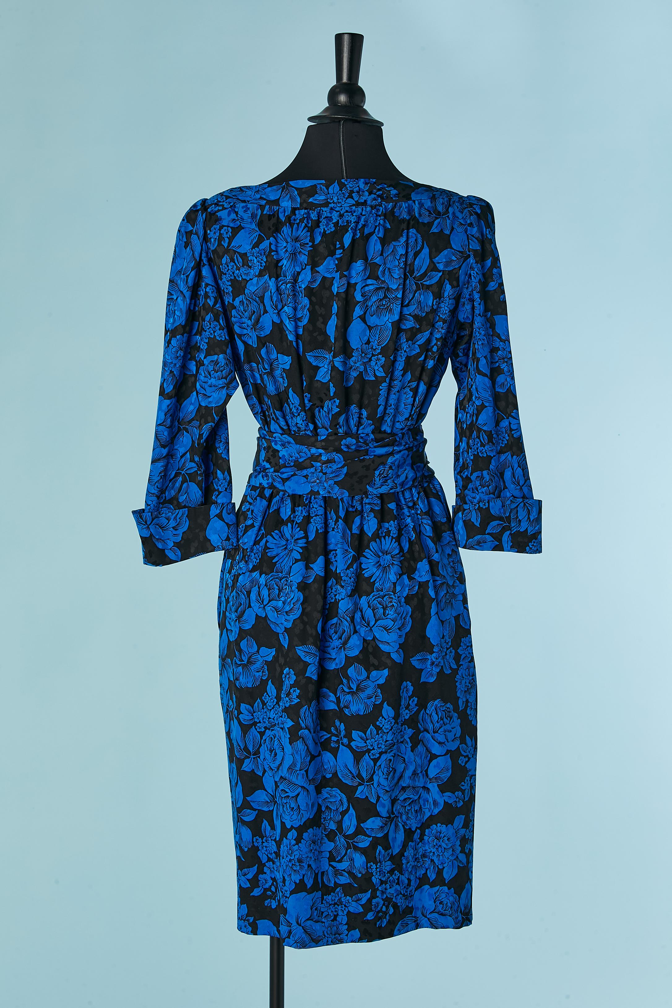 Silk jacquard cocktail dress with blue and black print SAINT LAURENT RIVE GAUCHE For Sale 1