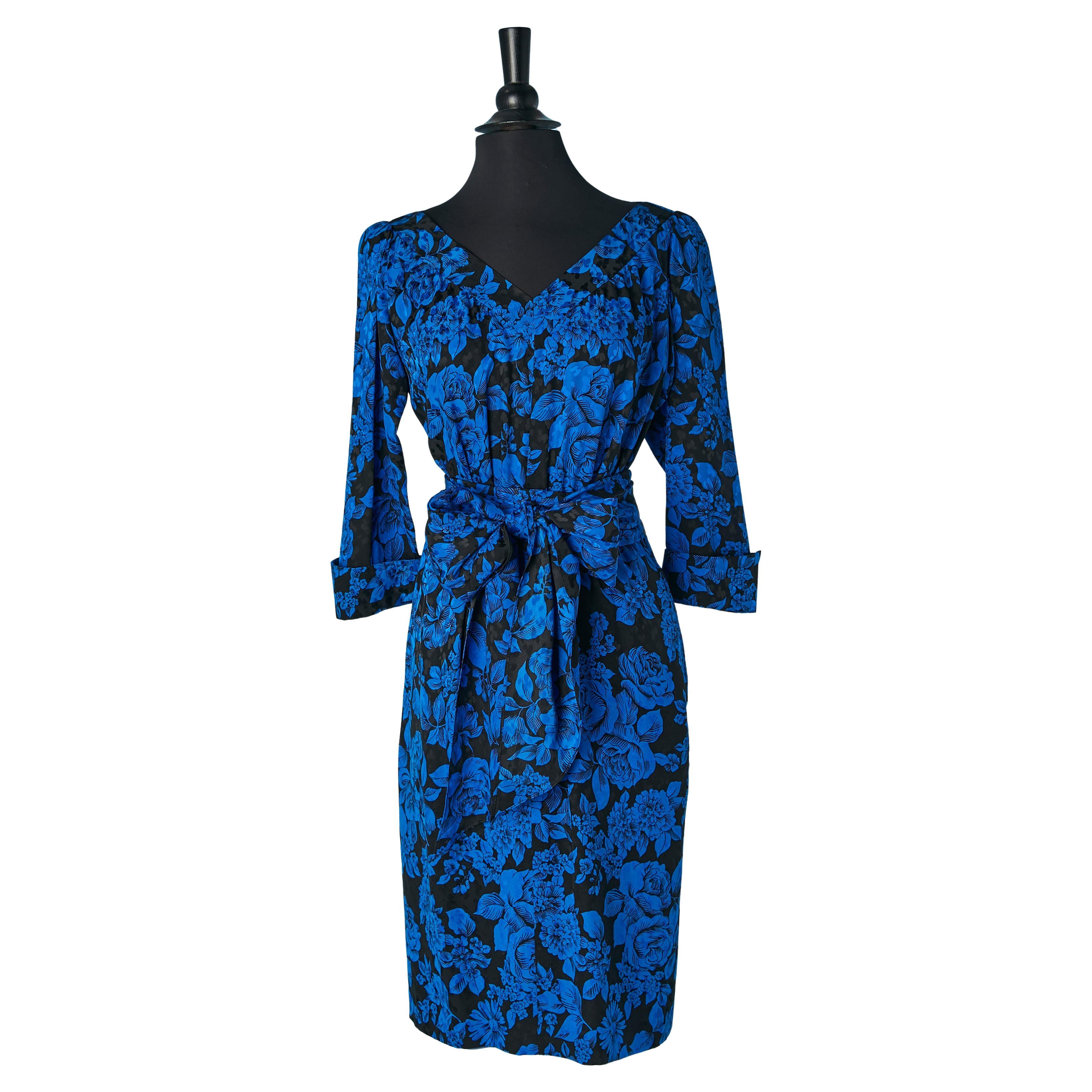 Silk jacquard cocktail dress with blue and black print SAINT LAURENT RIVE GAUCHE For Sale