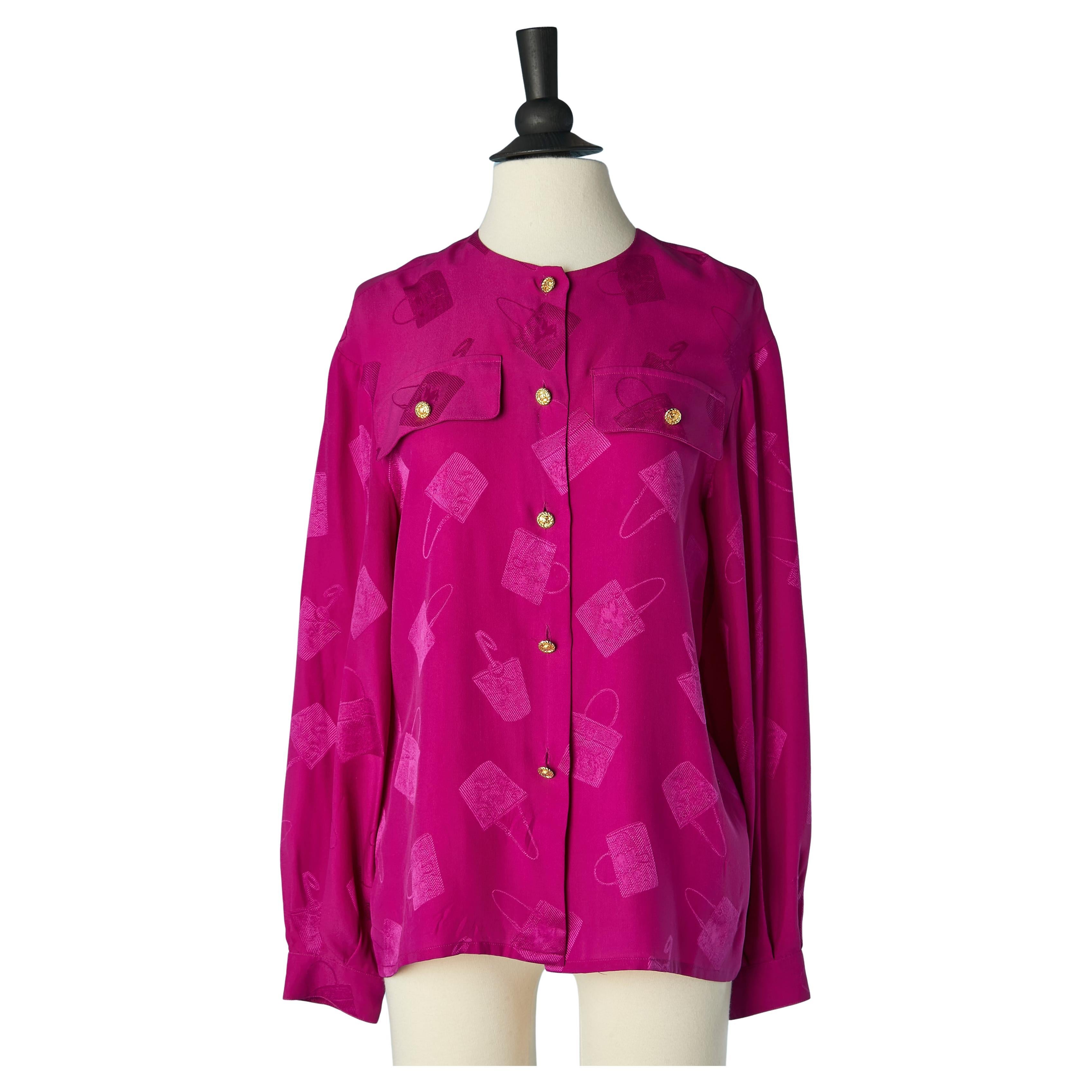 Silk jacquard fushia shirt with "bags" pattern Céline Circa 1970's For Sale