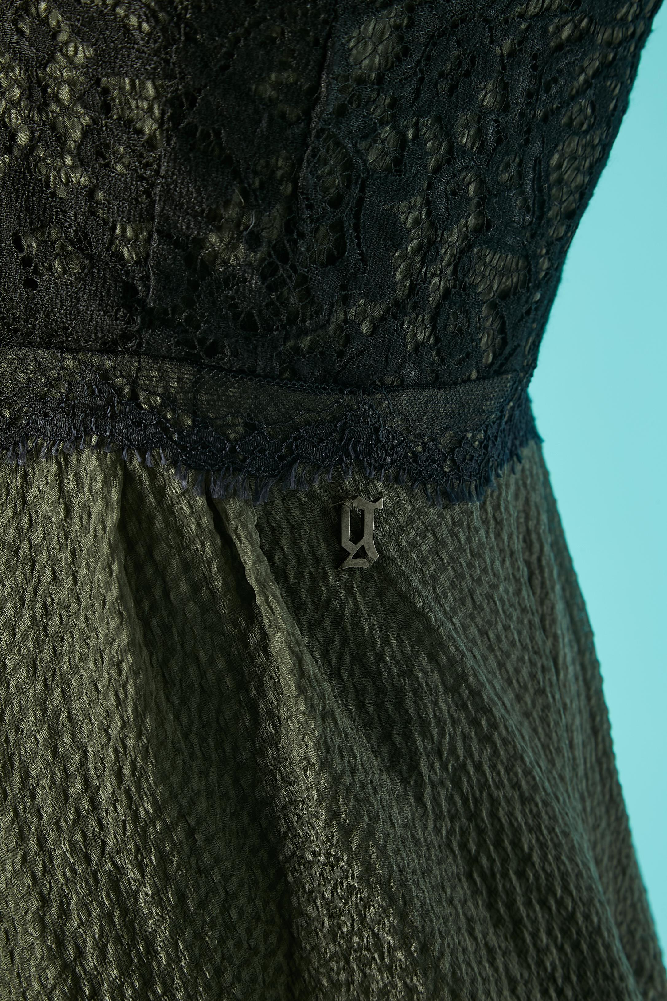 Black Silk jacquard kaki cocktail dress with black lace top Galliano For Sale