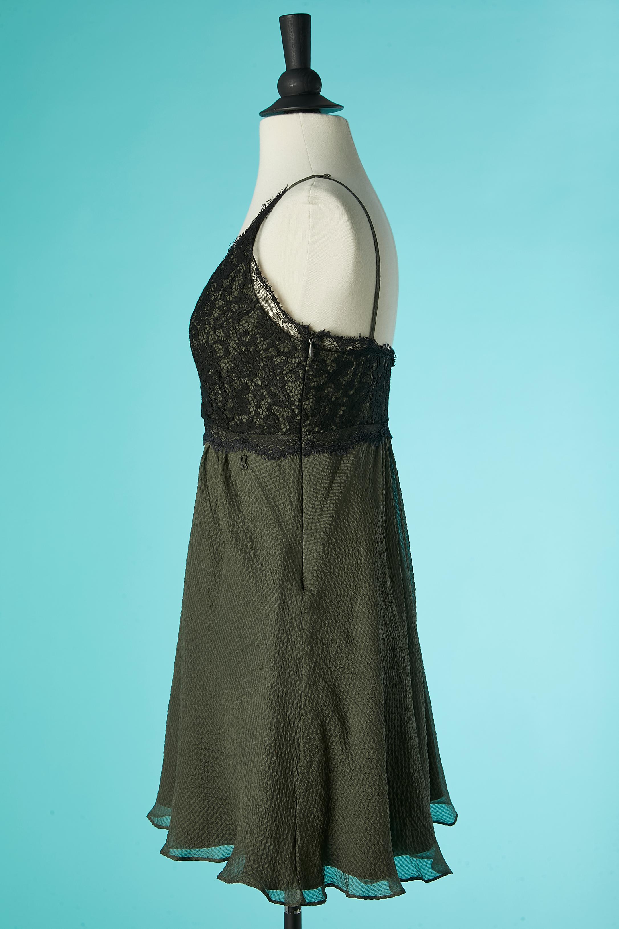 Women's Silk jacquard kaki cocktail dress with black lace top Galliano For Sale