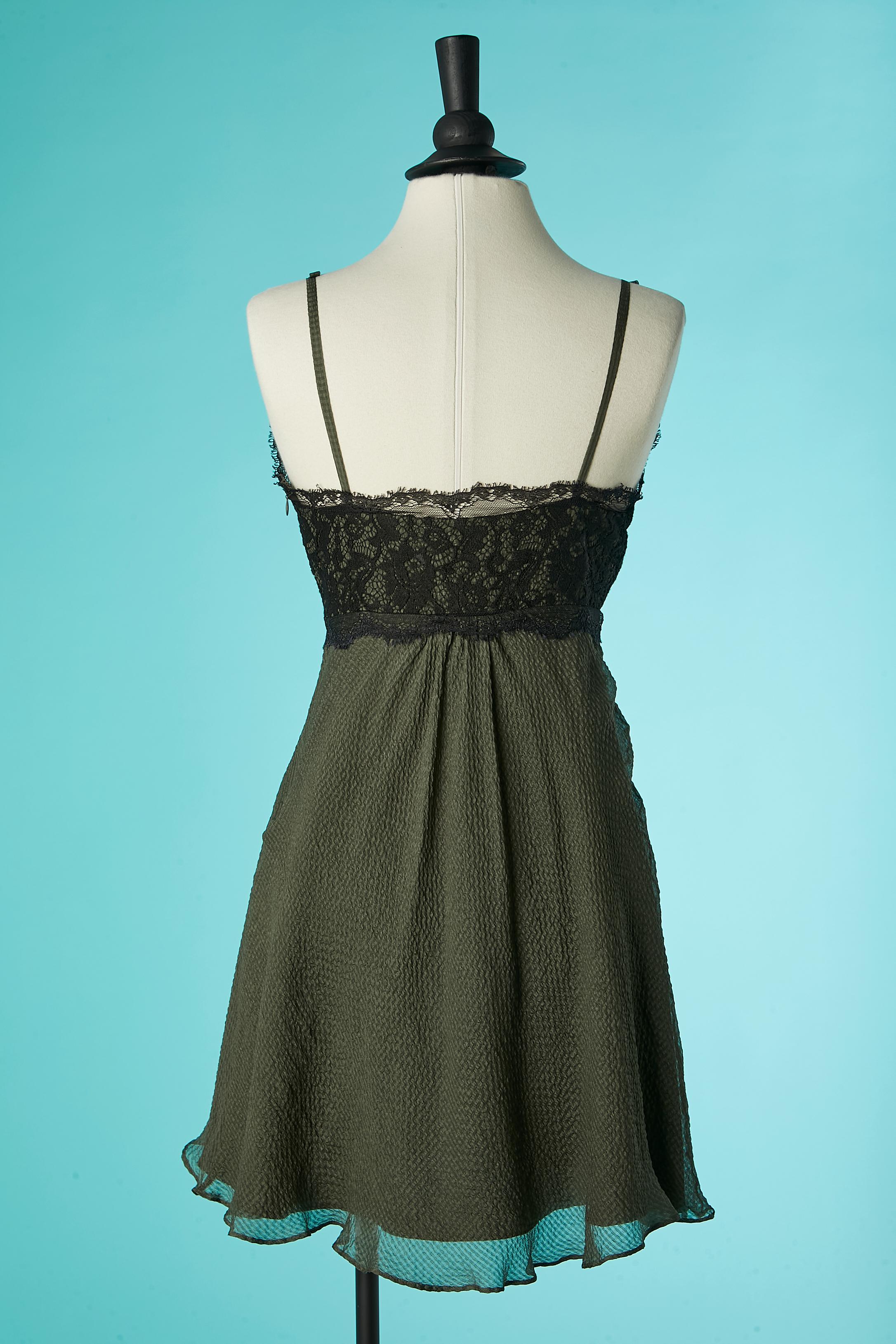 Silk jacquard kaki cocktail dress with black lace top Galliano For Sale 1