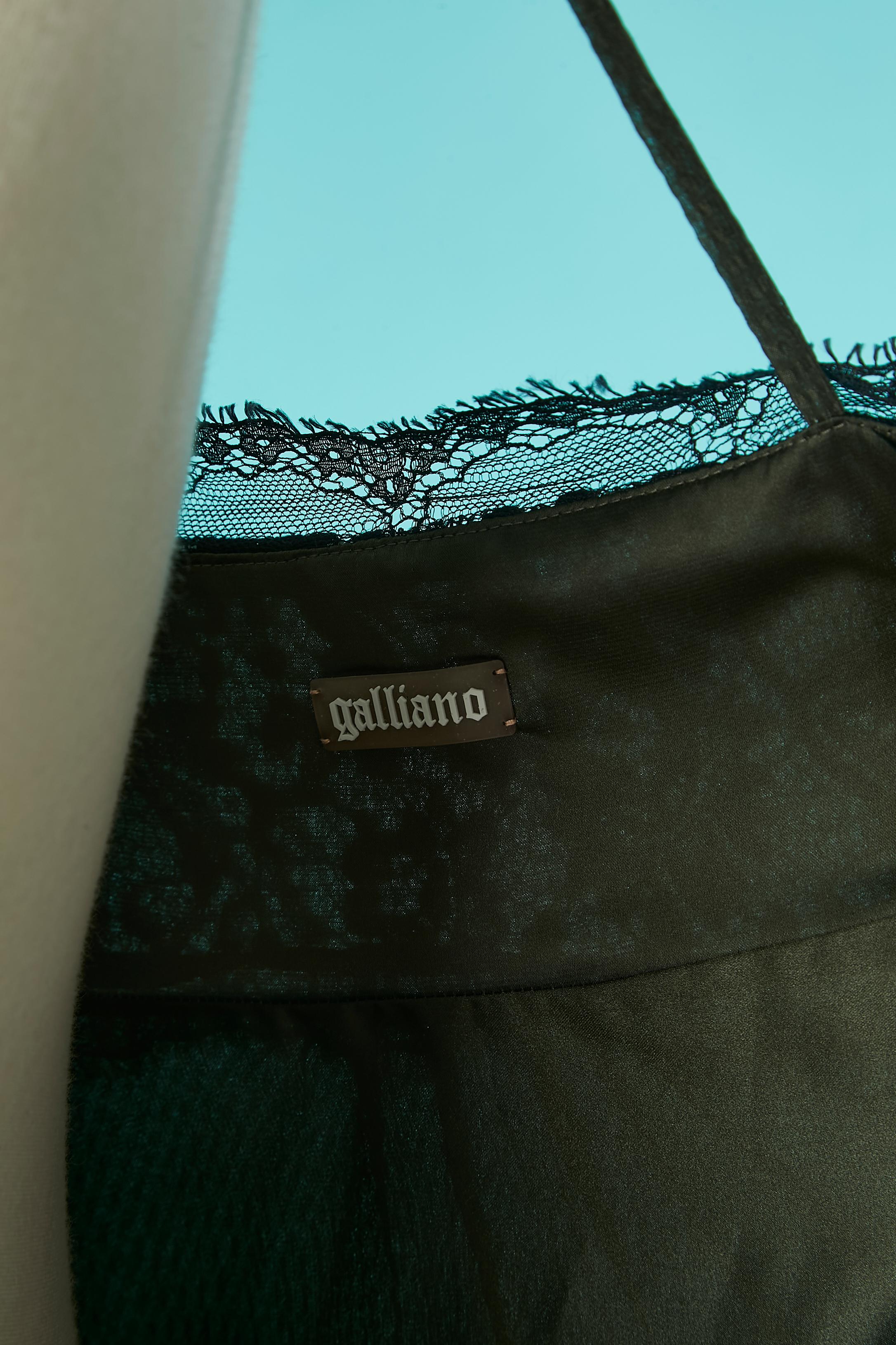 Silk jacquard kaki cocktail dress with black lace top Galliano For Sale 3