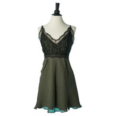 Silk jacquard kaki cocktail dress with black lace top Galliano