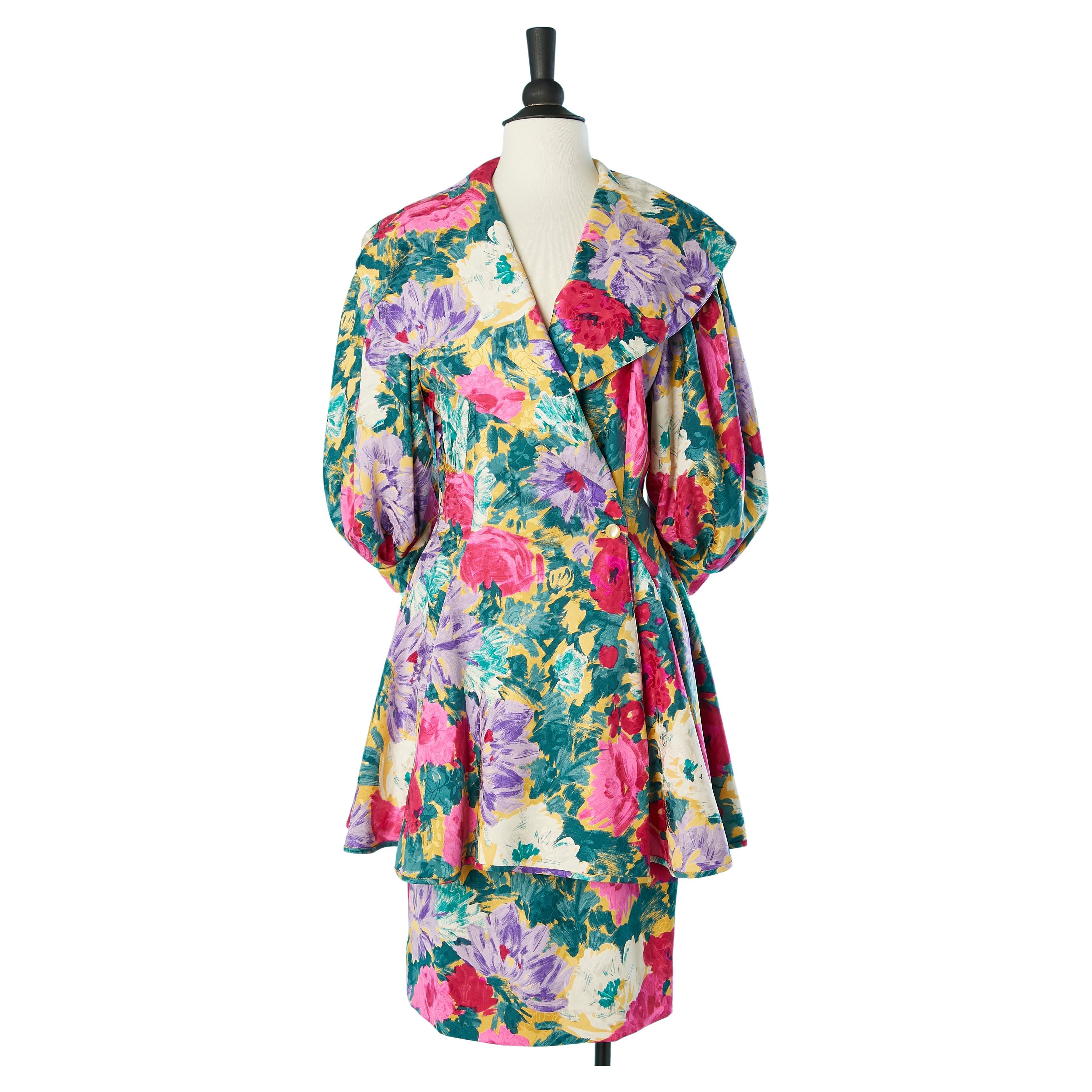 Silk jacquard with flower print skirt-suit ensemble Emanuel Ungaro Parallèle  For Sale