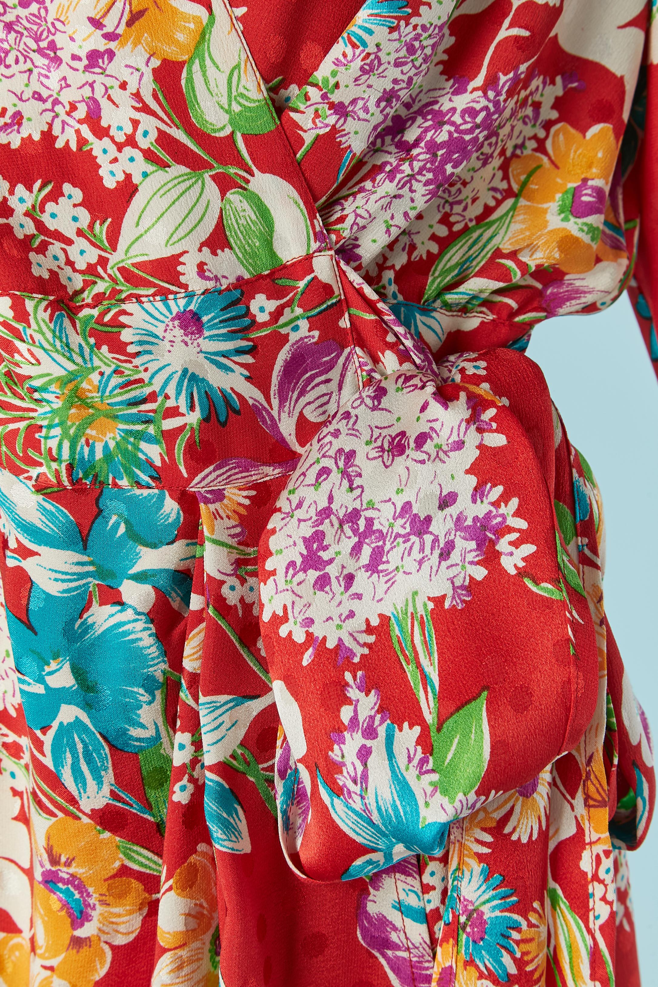 Pink Silk jacquard wrap dress with flower print ADOLFO for Neiman Marcus For Sale