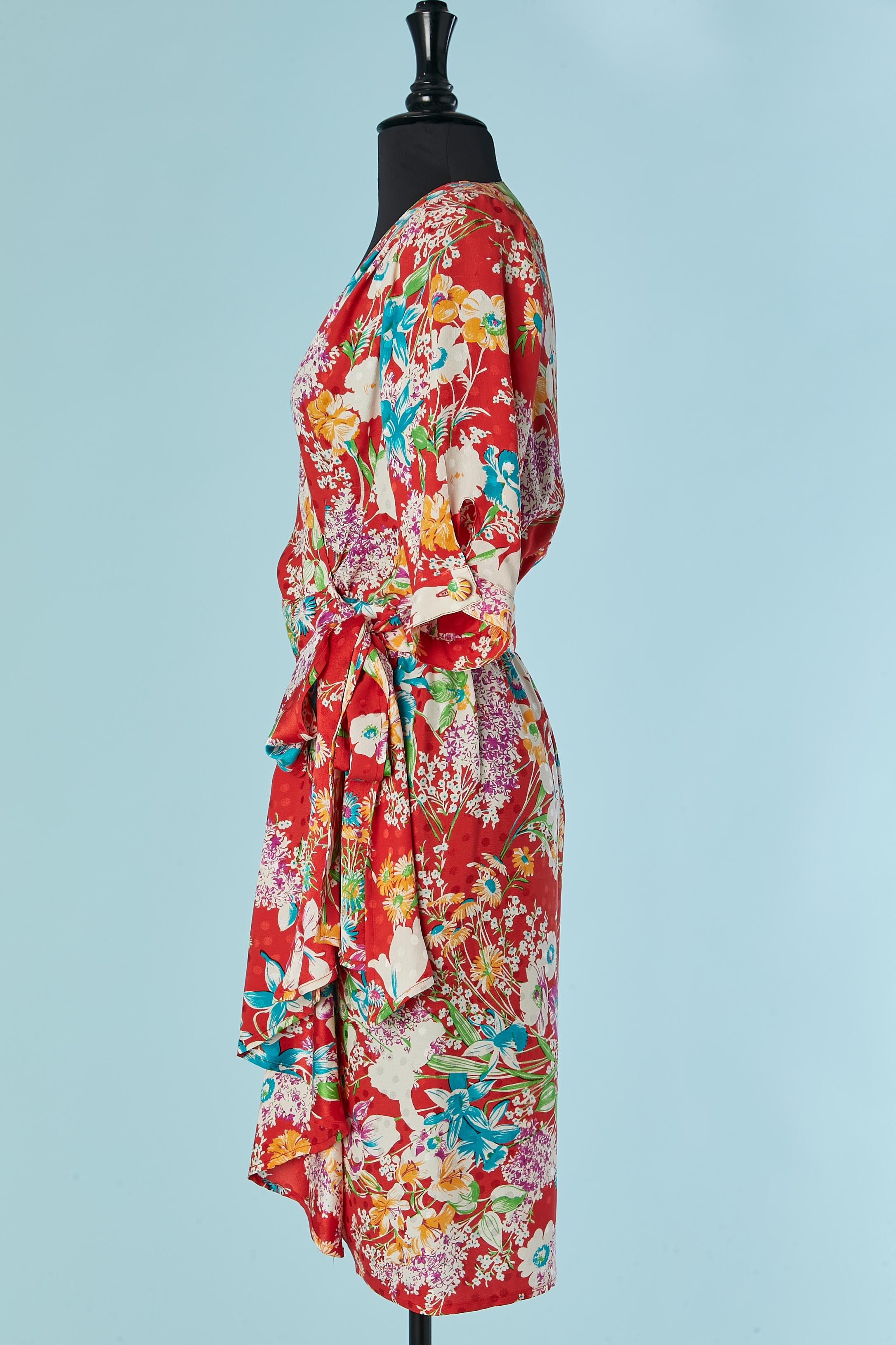Silk jacquard wrap dress with flower print ADOLFO for Neiman Marcus For Sale 2