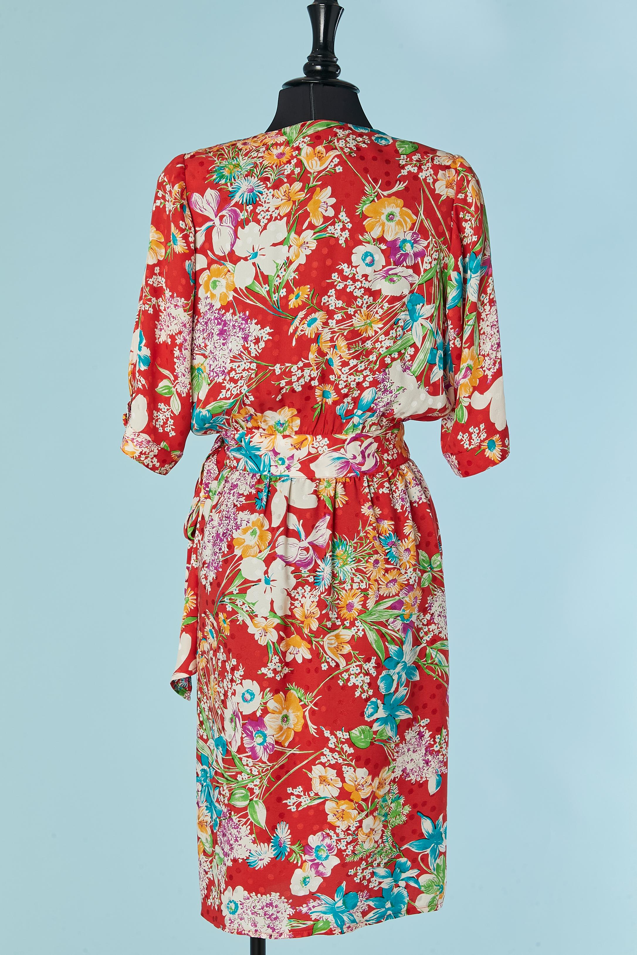 Silk jacquard wrap dress with flower print ADOLFO for Neiman Marcus For Sale 3
