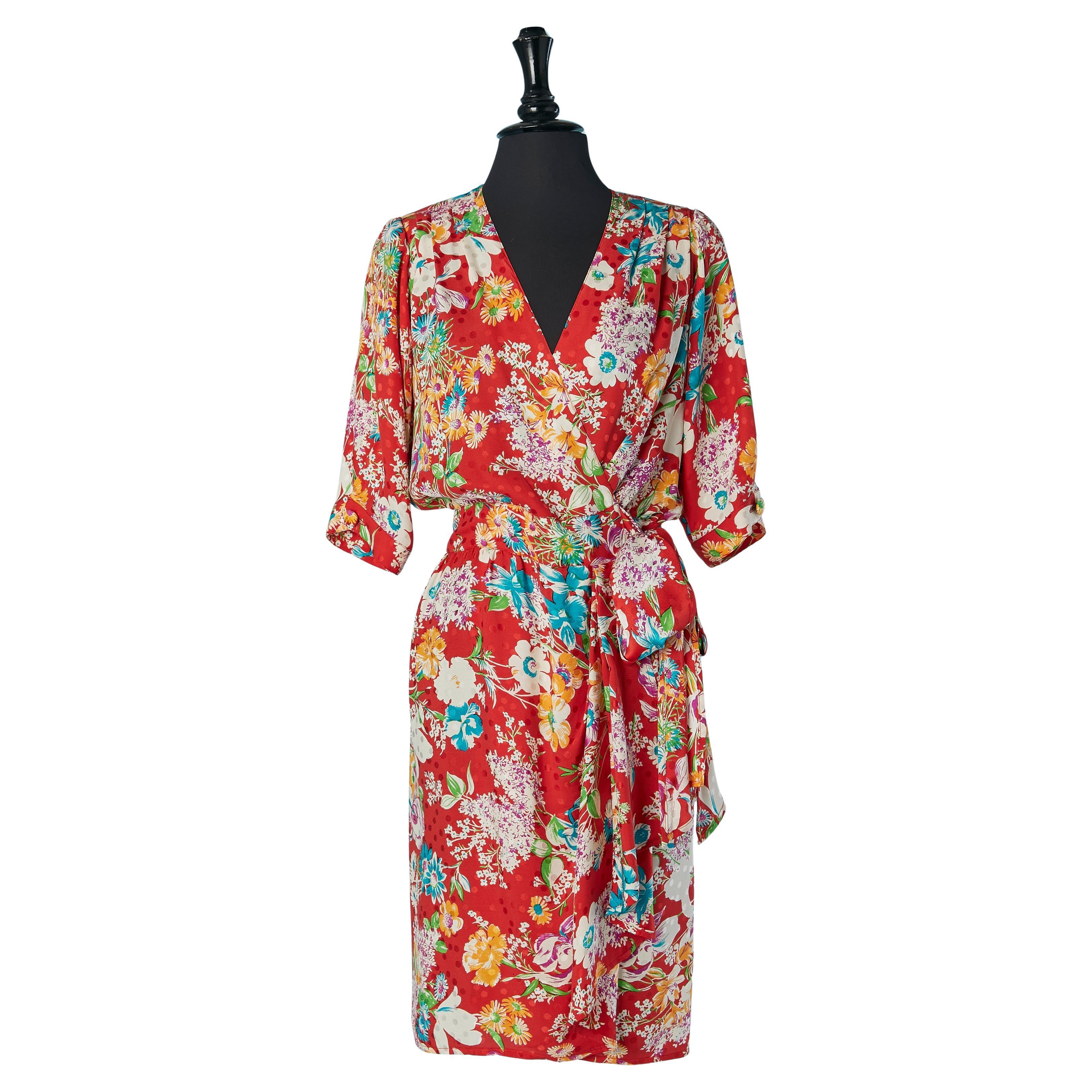 Silk jacquard wrap dress with flower print ADOLFO for Neiman Marcus For Sale