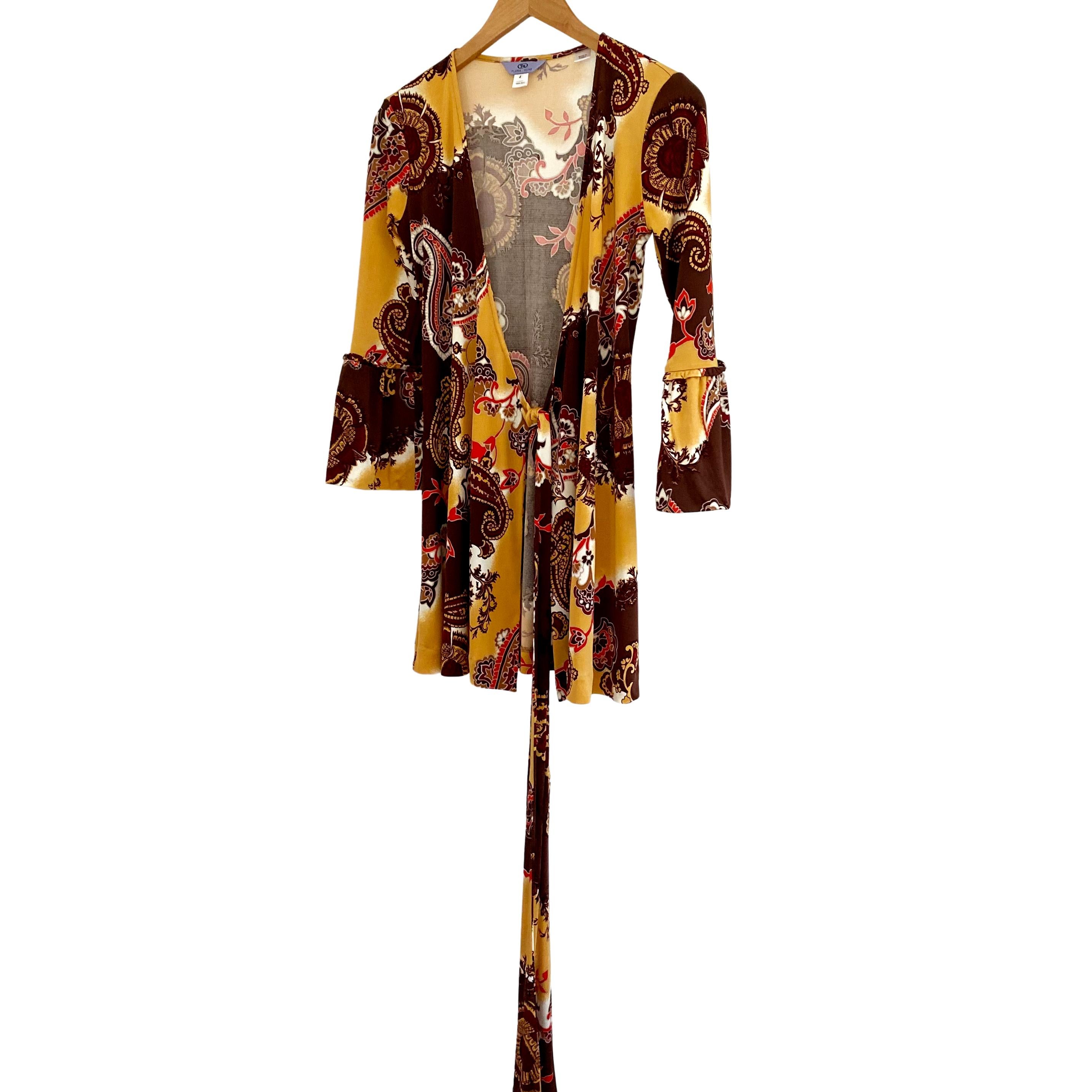 Brown Silk jersey Boho Sydney printed wrap dress FLORA KUNG - NWT  For Sale