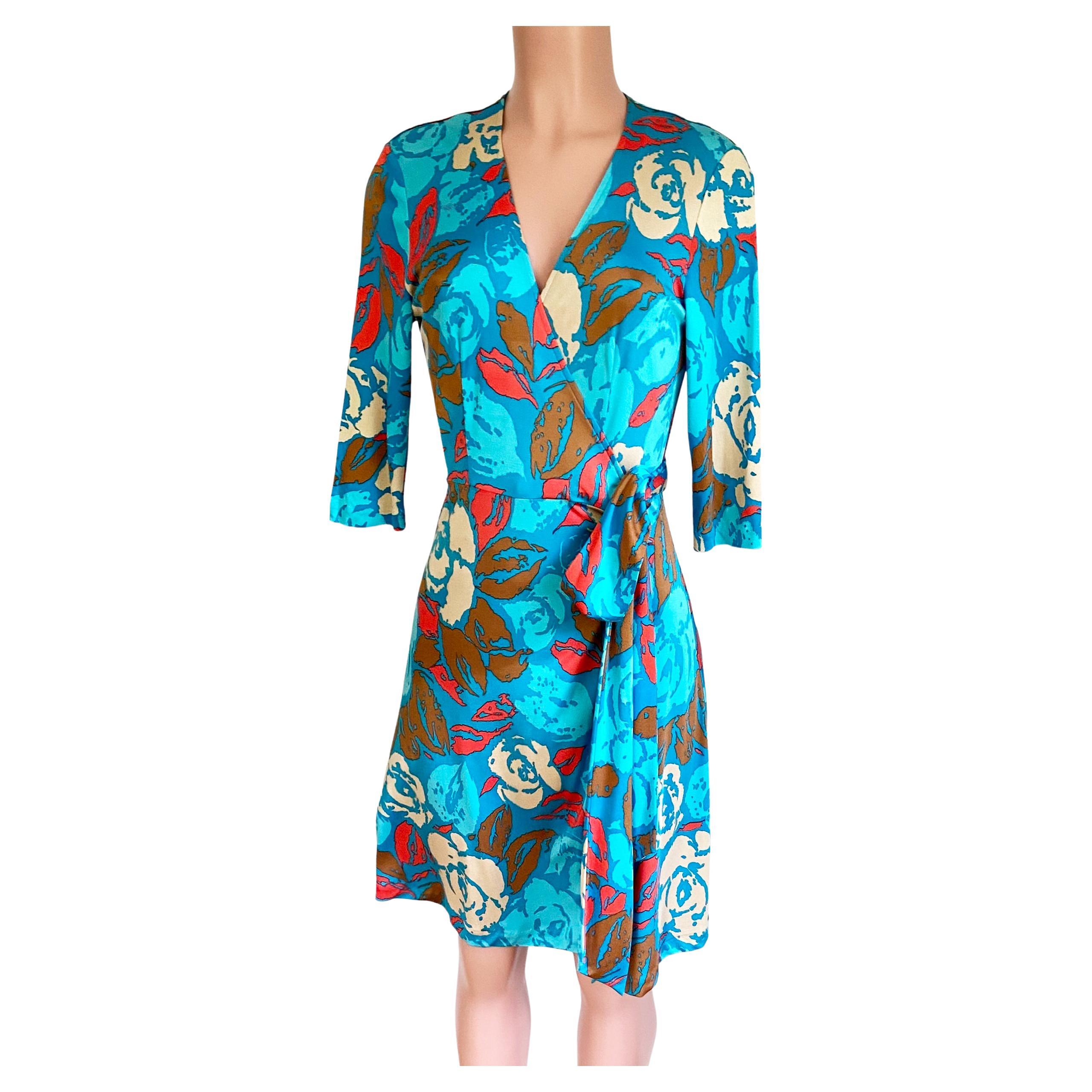 Silk Jersey Lake Blue Rose print wrap dress FLORA KUNG For Sale