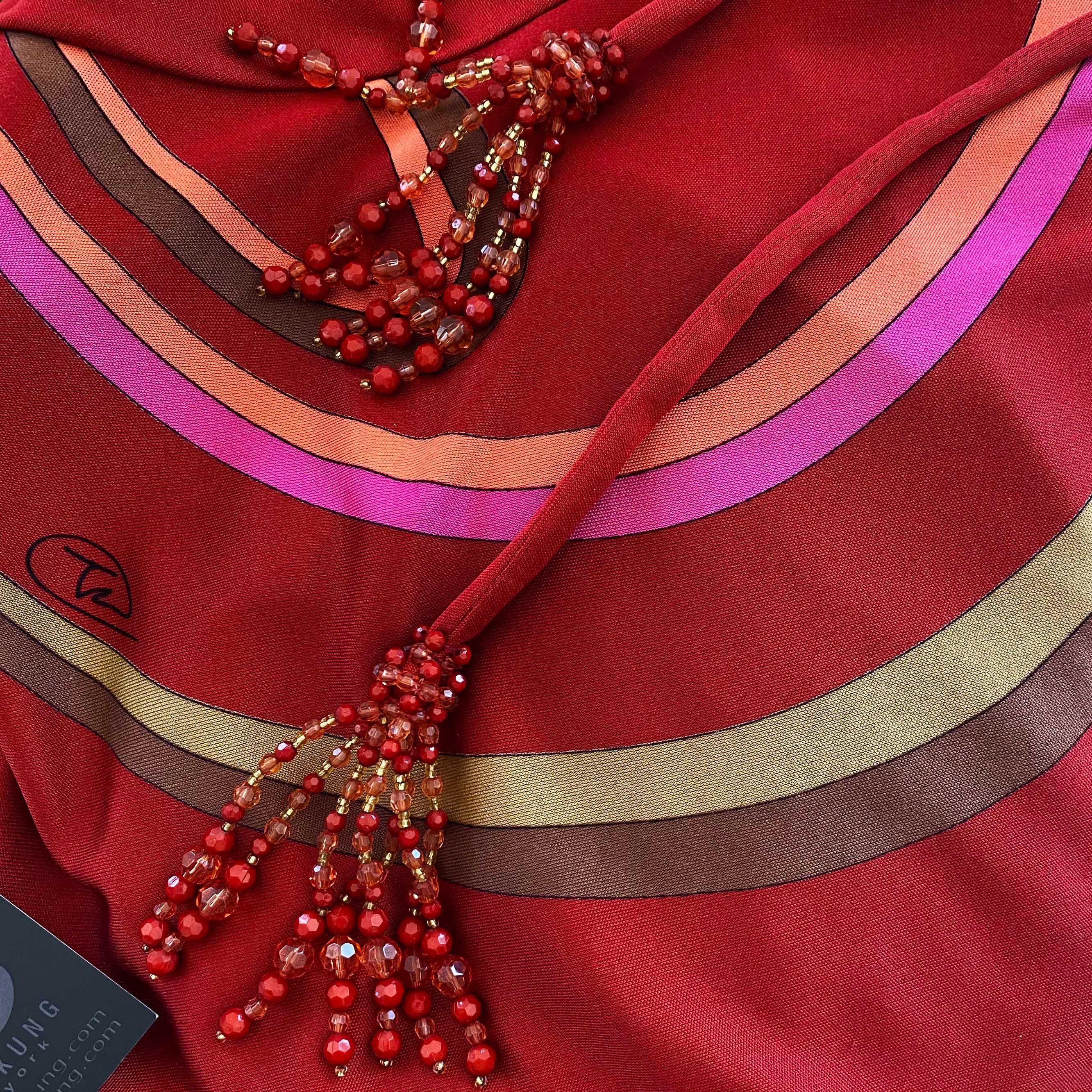 FLORA KUNG Ruby Red Mock Wrap Silk Dress with detachable Tassel Belt - NWT 1