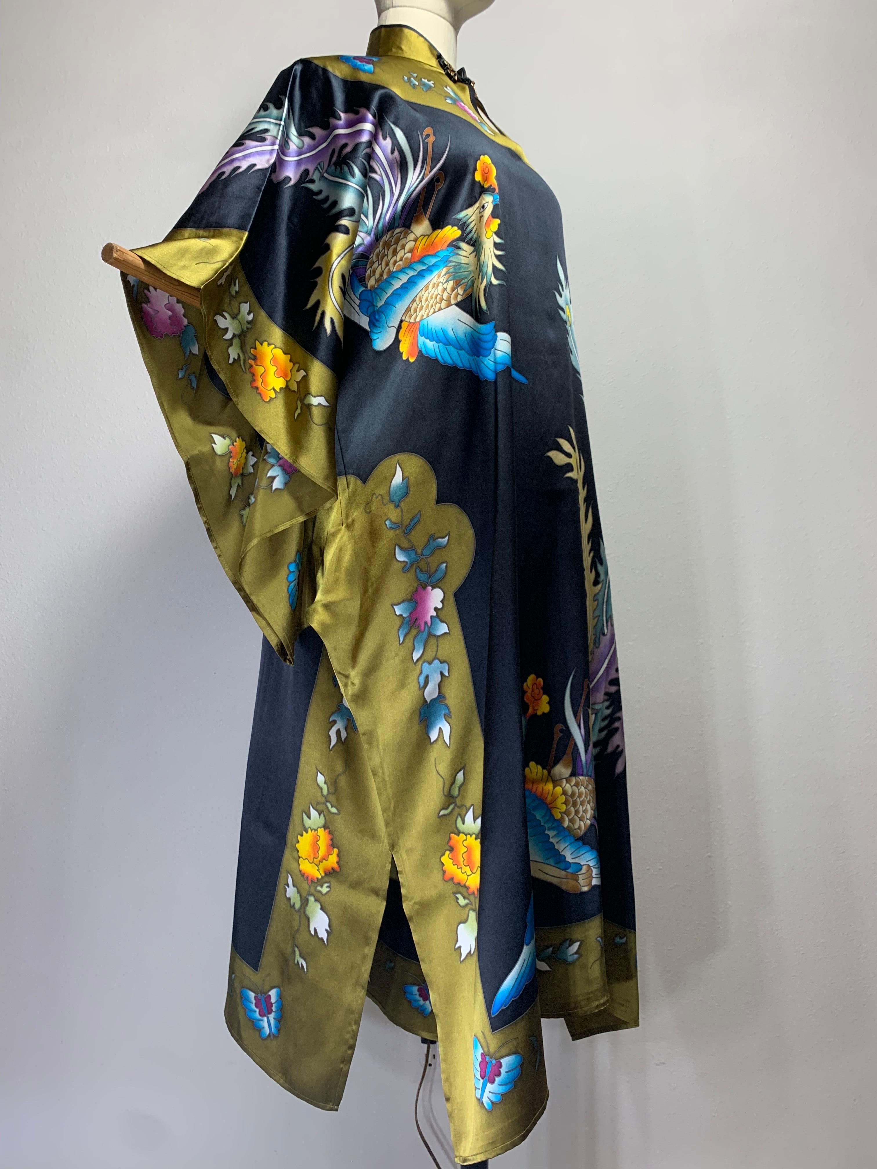 Silk Kaftan Dress w Hand-Painted Phoenix Bird Banded Keyhole Collar  For Sale 6