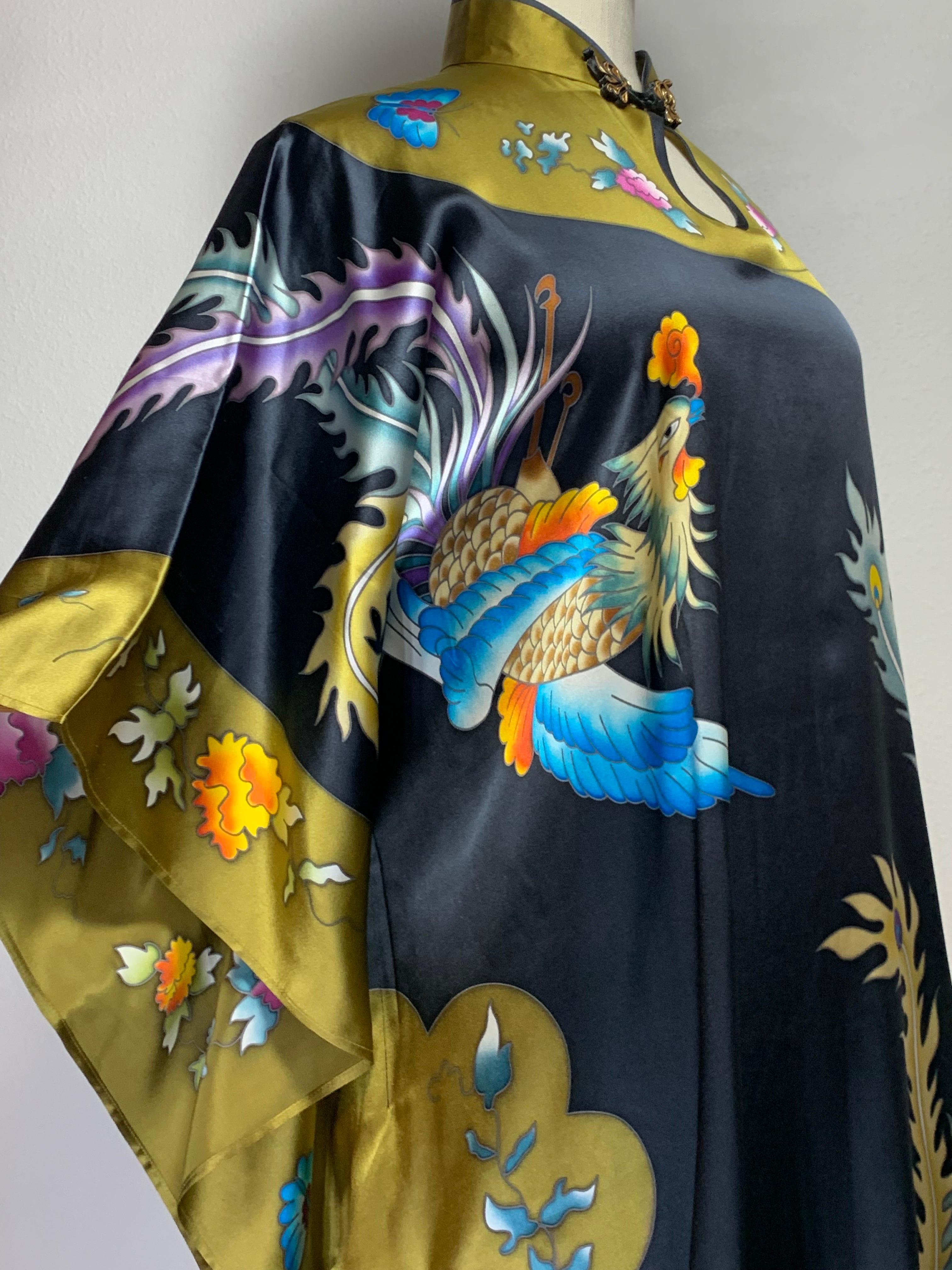 Silk Kaftan Dress w Hand-Painted Phoenix Bird Banded Keyhole Collar  For Sale 7