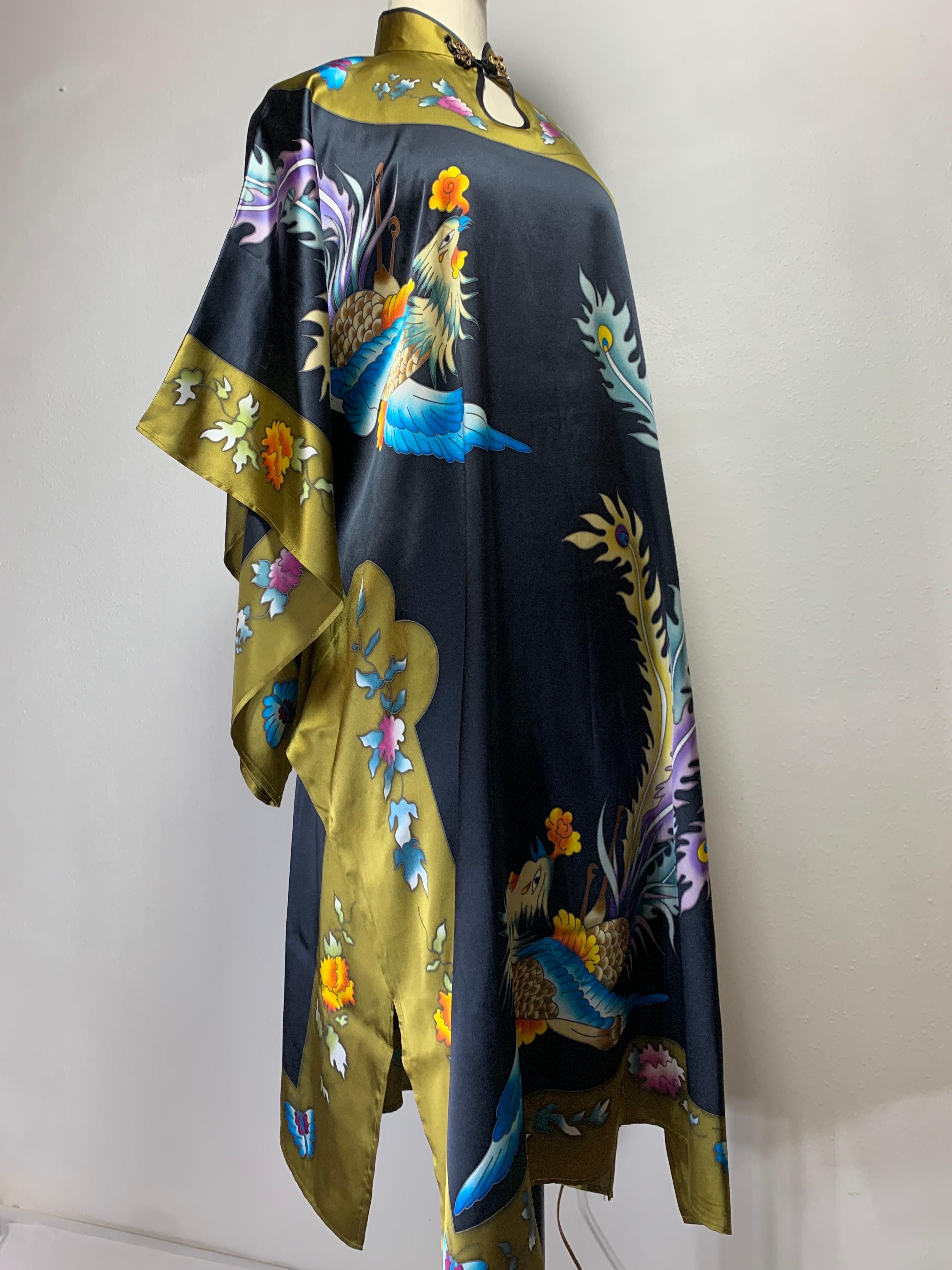 Silk Kaftan Dress w Hand-Painted Phoenix Bird Banded Keyhole Collar  For Sale 8