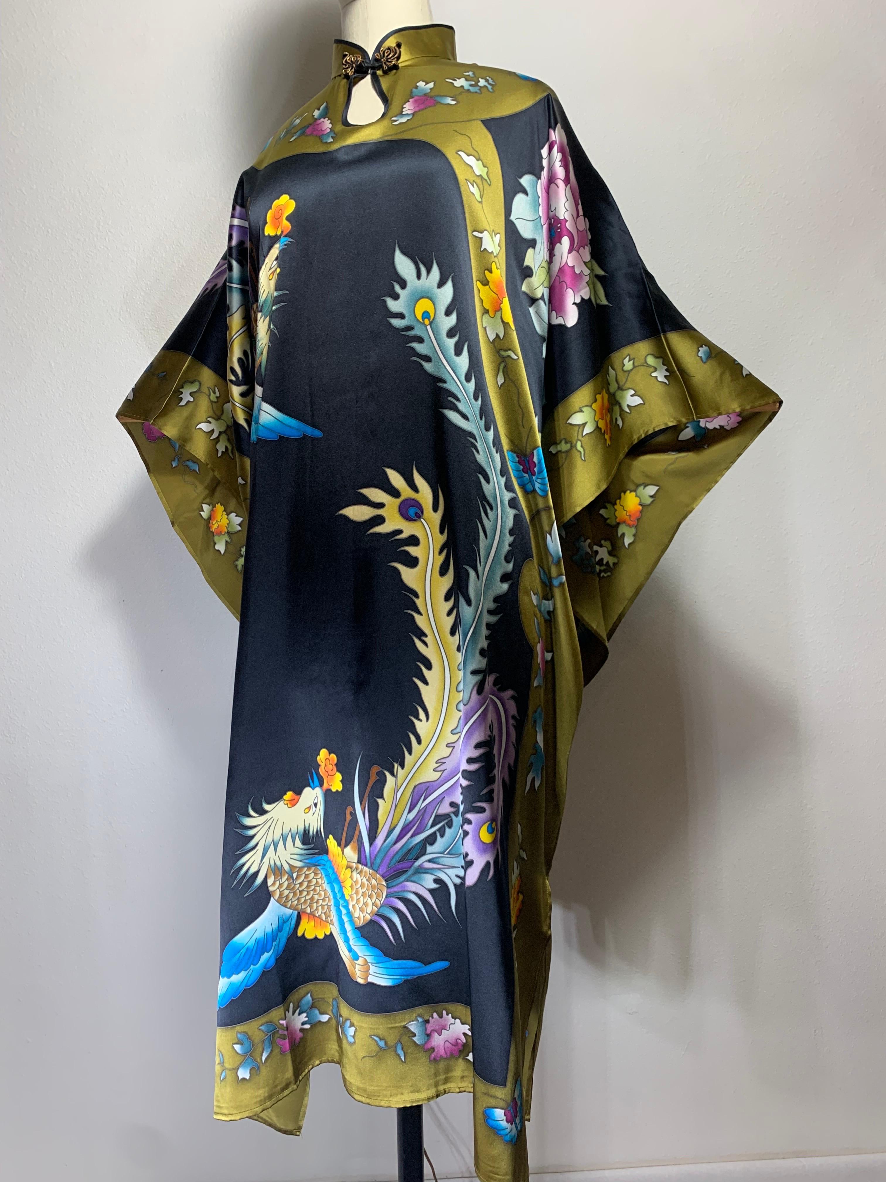 Silk Kaftan Dress w Hand-Painted Phoenix Bird Design,  Banded Keyhole Collar and Frog Closure at Neck: Stone washed silk in black, chartreuse and turquoise. US size Large. 