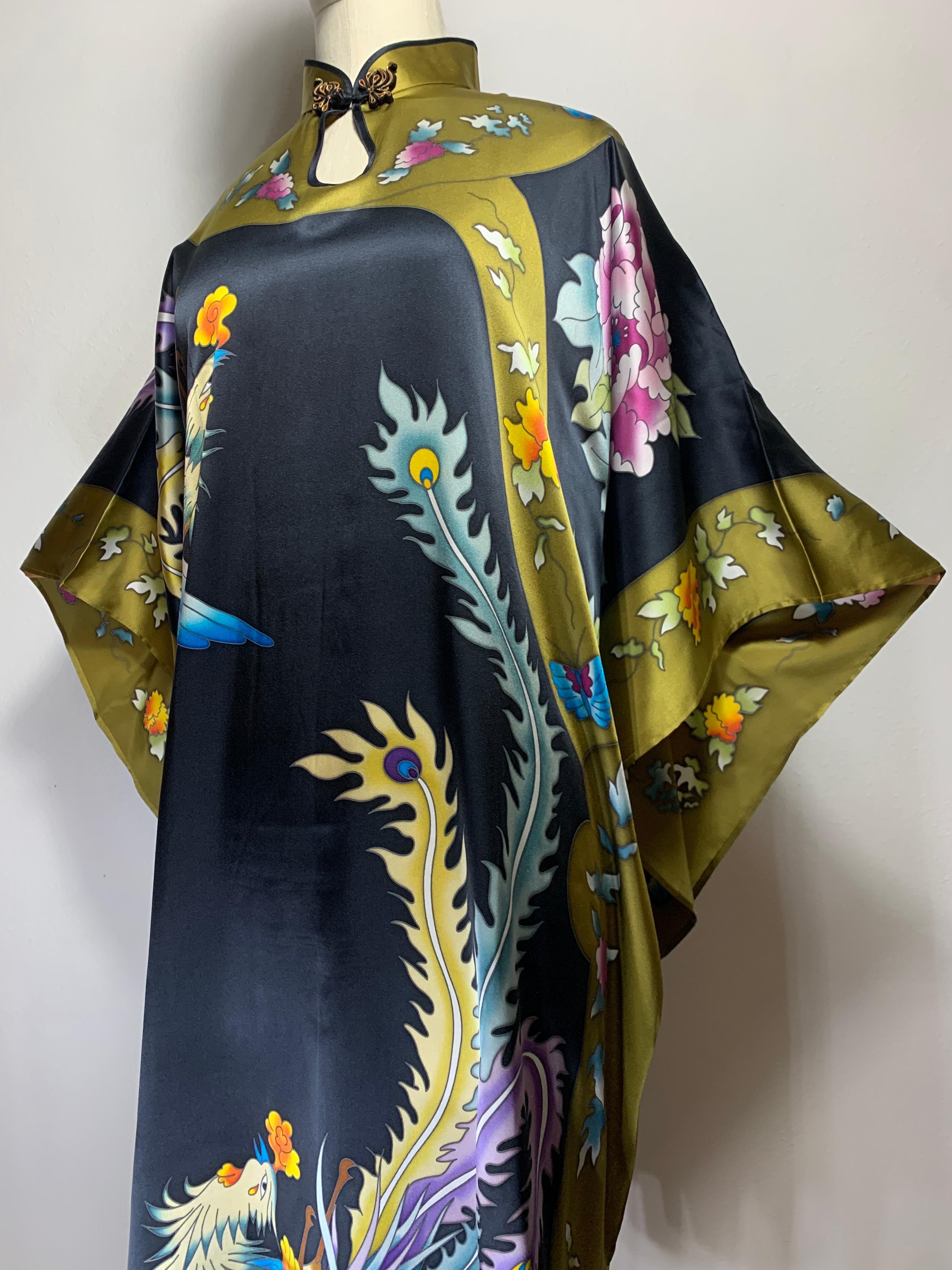 Silk Kaftan Dress w Hand-Painted Phoenix Bird Banded Keyhole Collar  In Excellent Condition For Sale In Gresham, OR