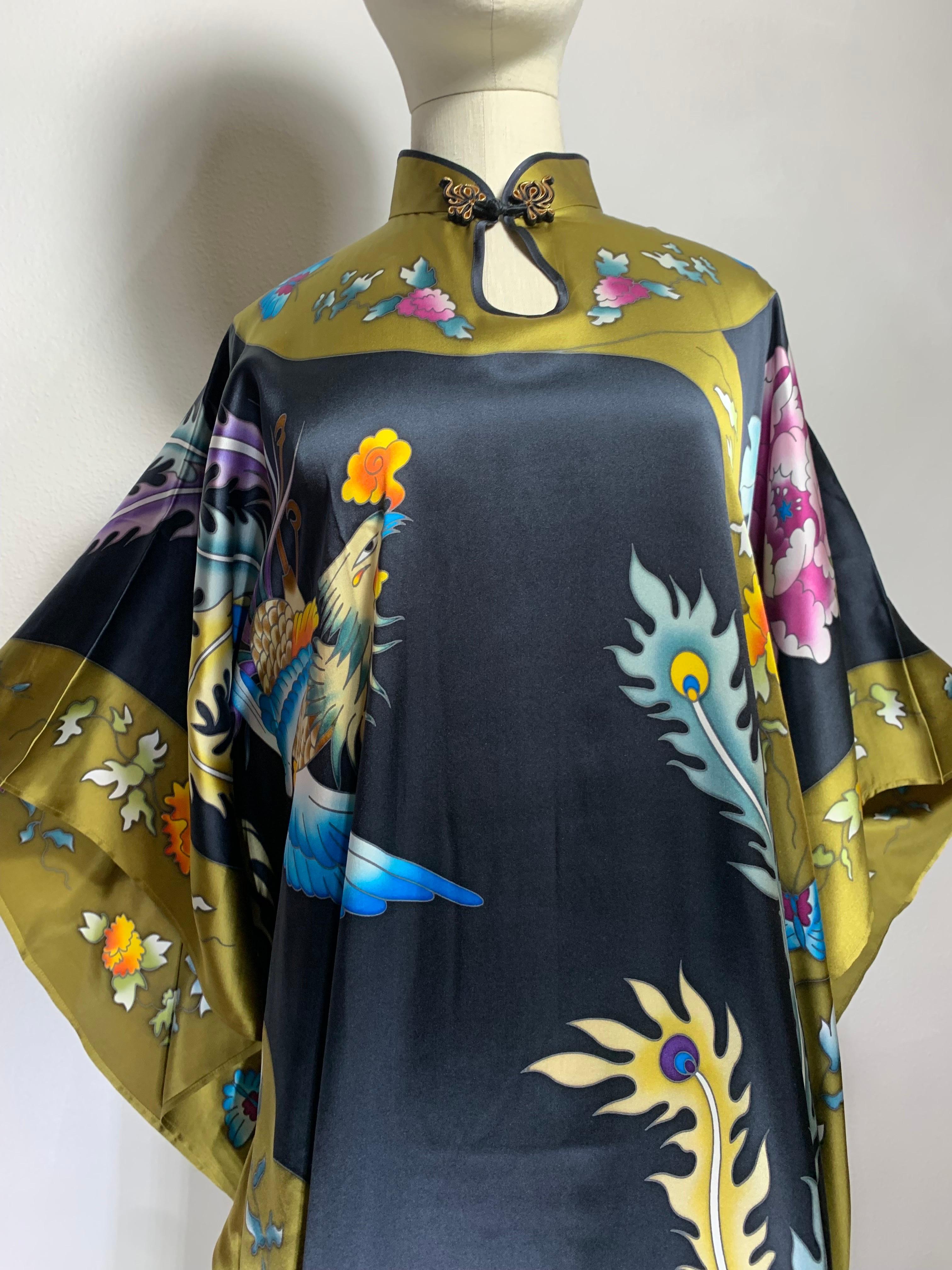 Women's Silk Kaftan Dress w Hand-Painted Phoenix Bird Banded Keyhole Collar  For Sale
