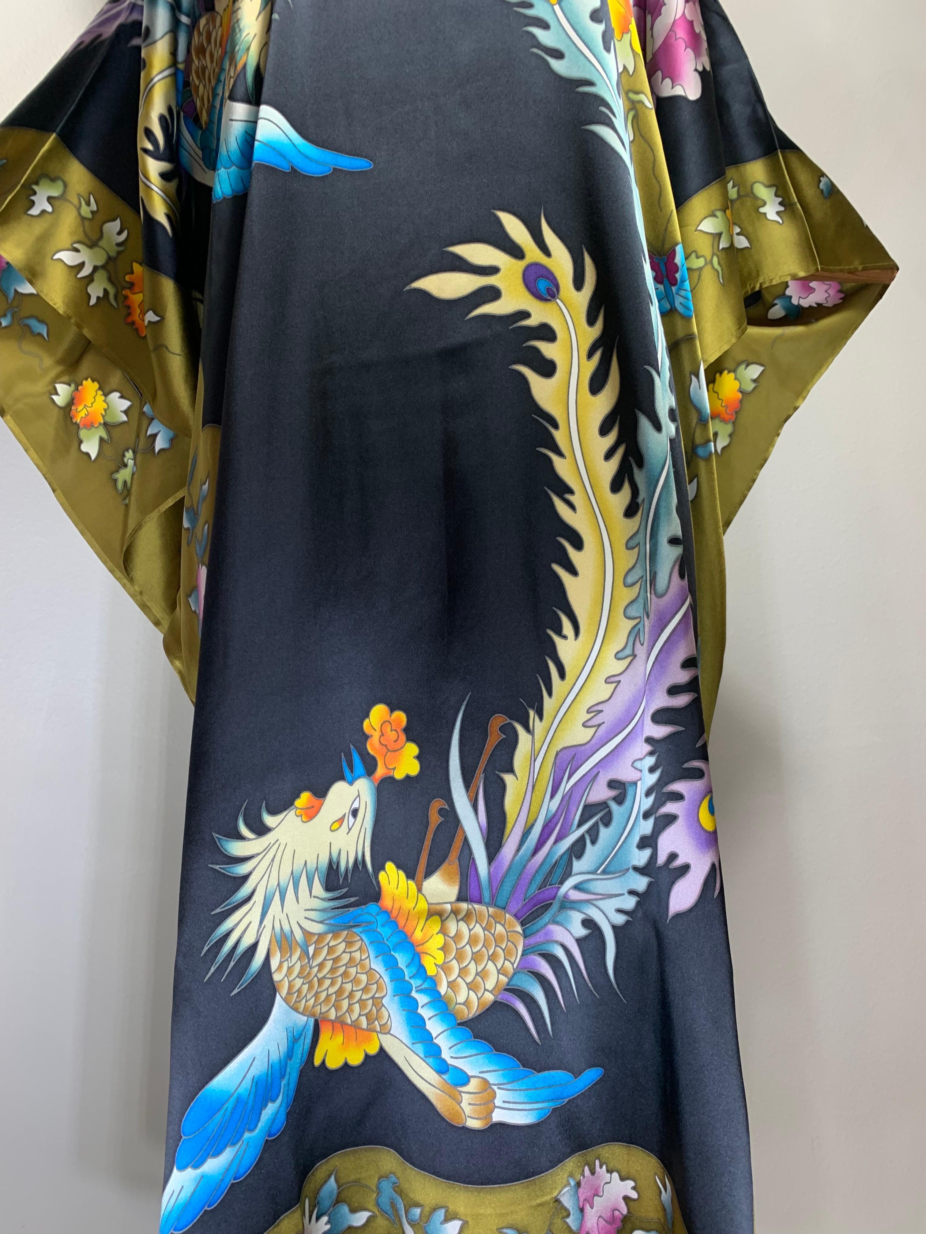 Silk Kaftan Dress w Hand-Painted Phoenix Bird Banded Keyhole Collar  For Sale 1