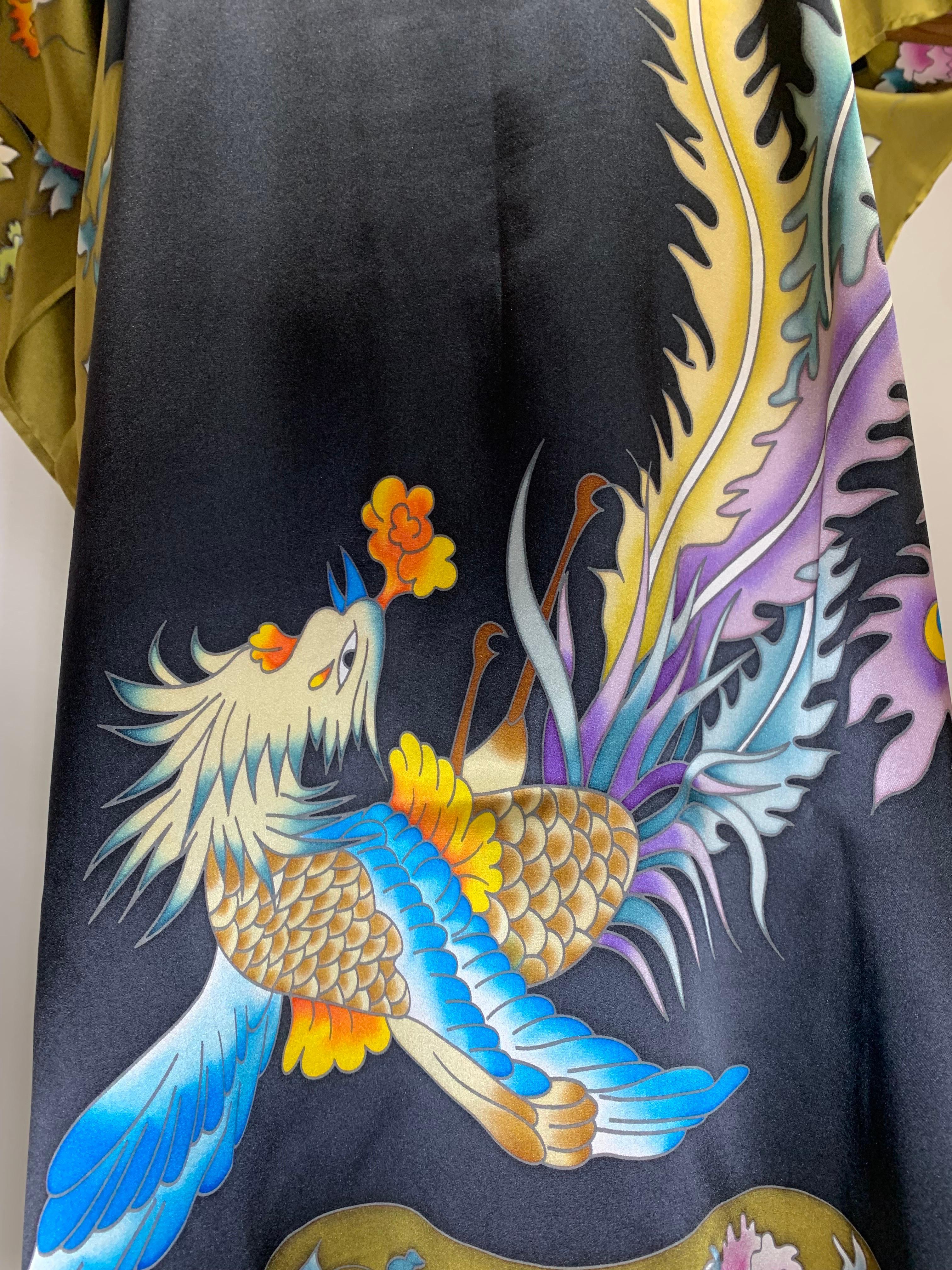 Silk Kaftan Dress w Hand-Painted Phoenix Bird Banded Keyhole Collar  For Sale 2