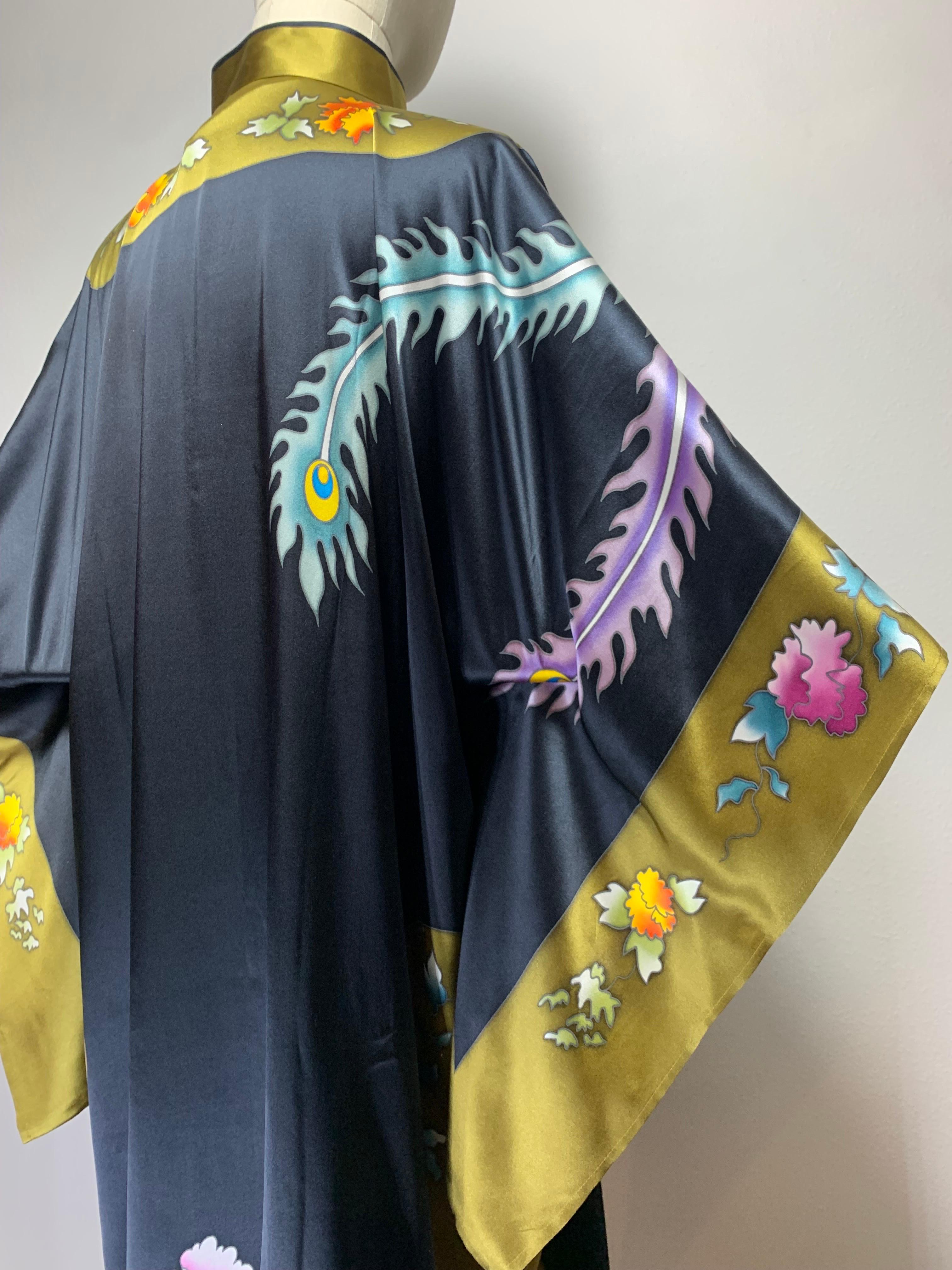 Silk Kaftan Dress w Hand-Painted Phoenix Bird Banded Keyhole Collar 3
