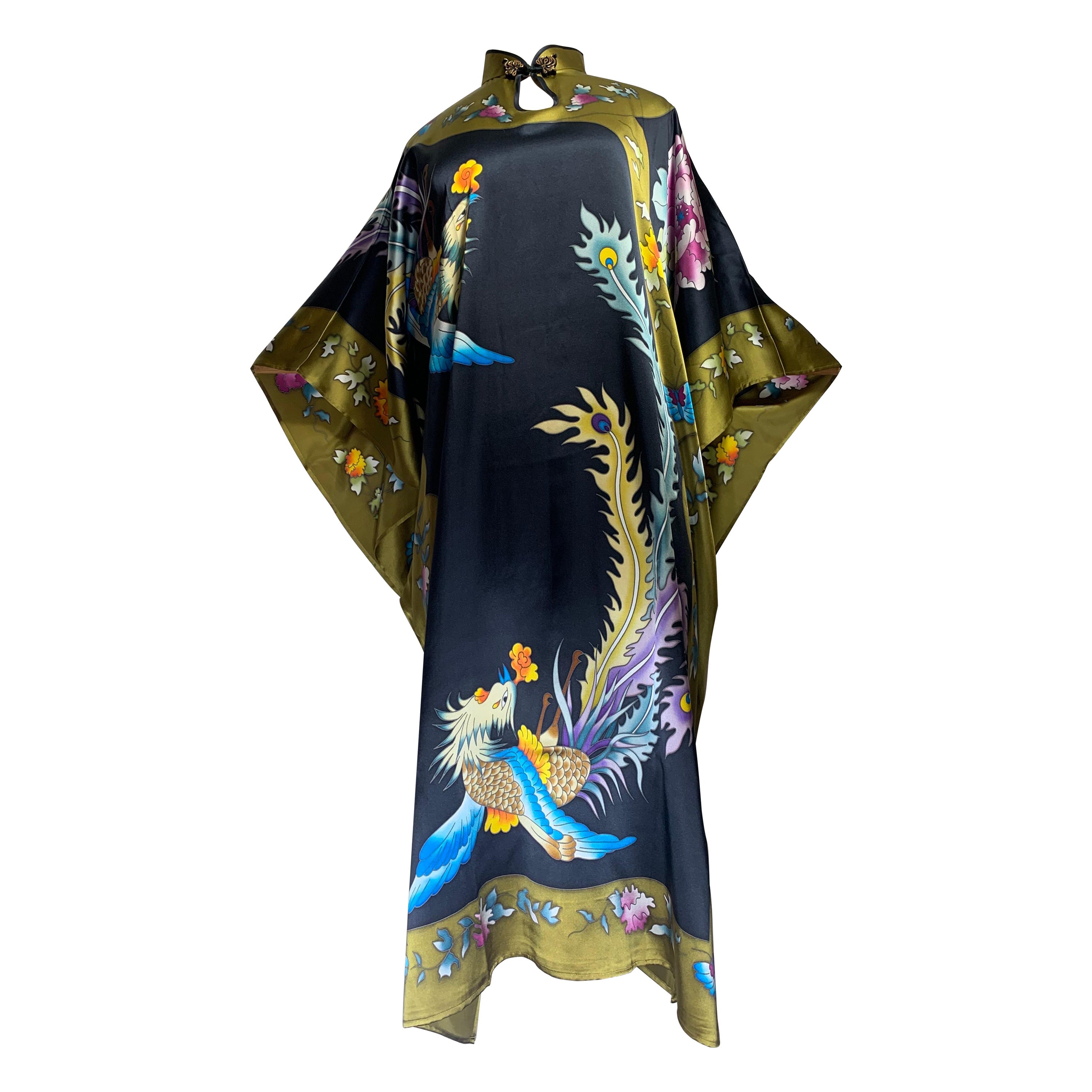 Silk Kaftan Dress w Hand-Painted Phoenix Bird Banded Keyhole Collar