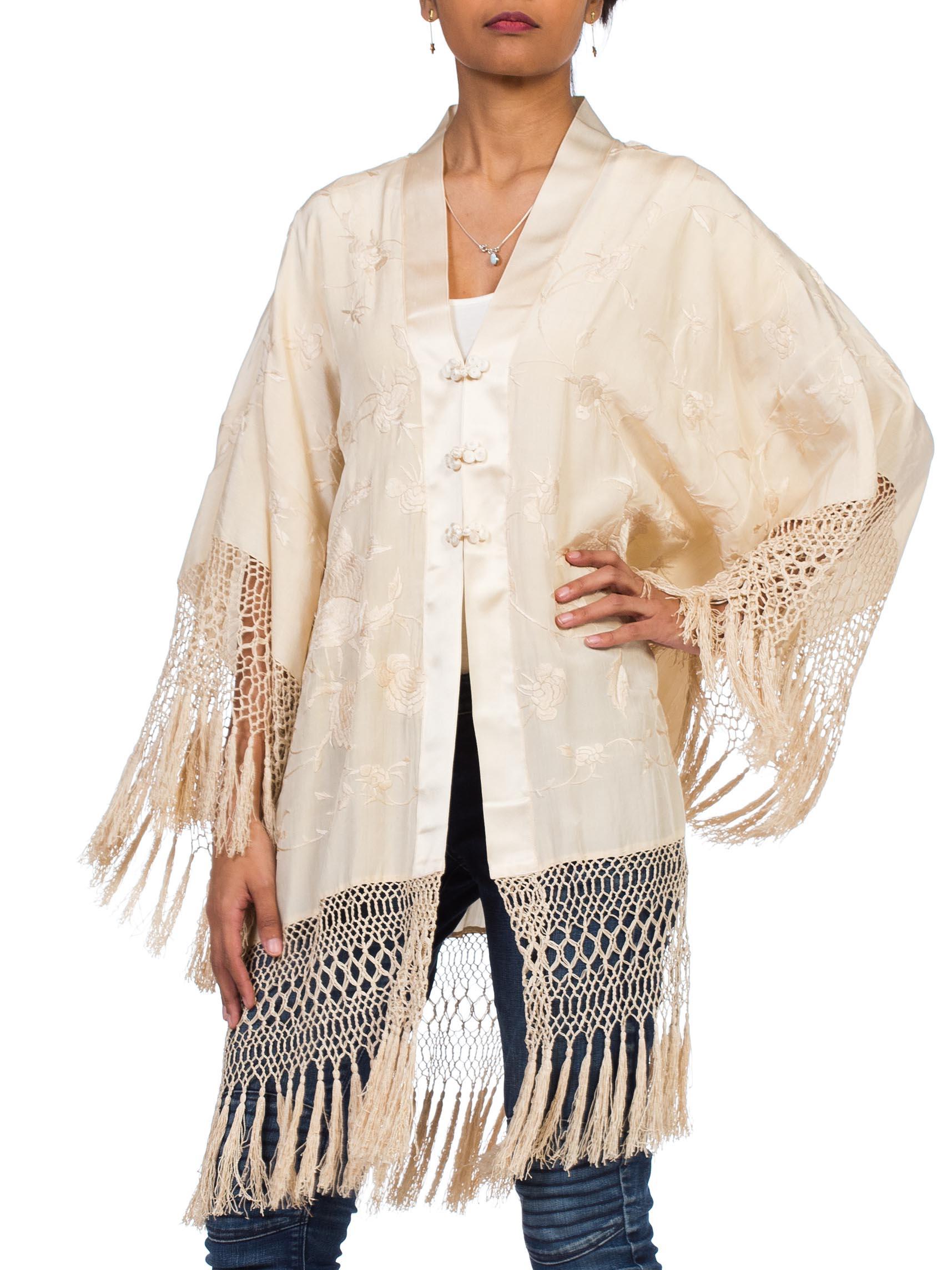 Silk Kimono Made From Antique 1920s Embroidered Silk Fringe Piano Shawl In Good Condition In New York, NY