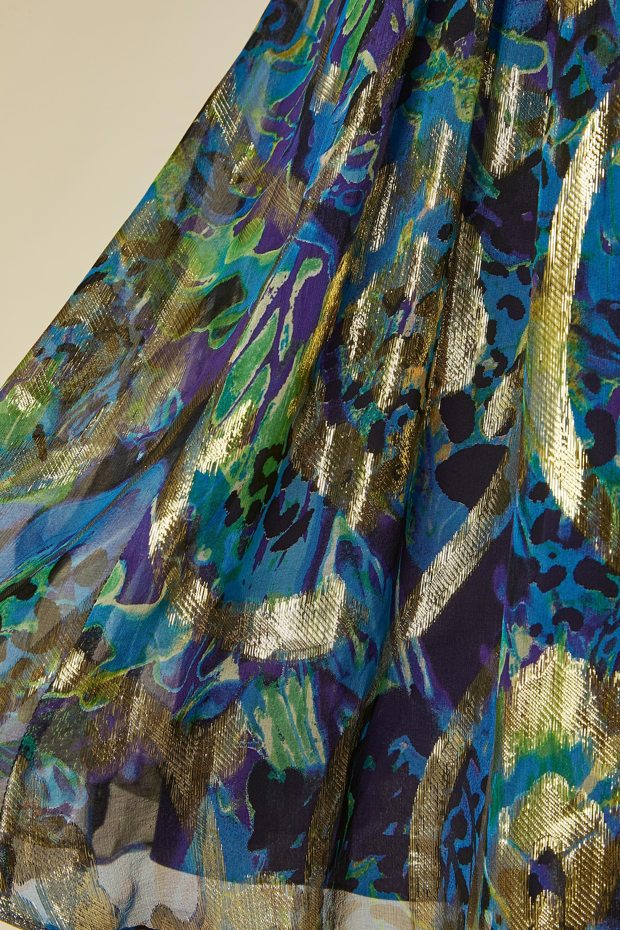 Robe de cocktail bustier imprimée et plissée en lamé de soie OLEG CASSINI Excellent état - En vente à Saint-Ouen-Sur-Seine, FR