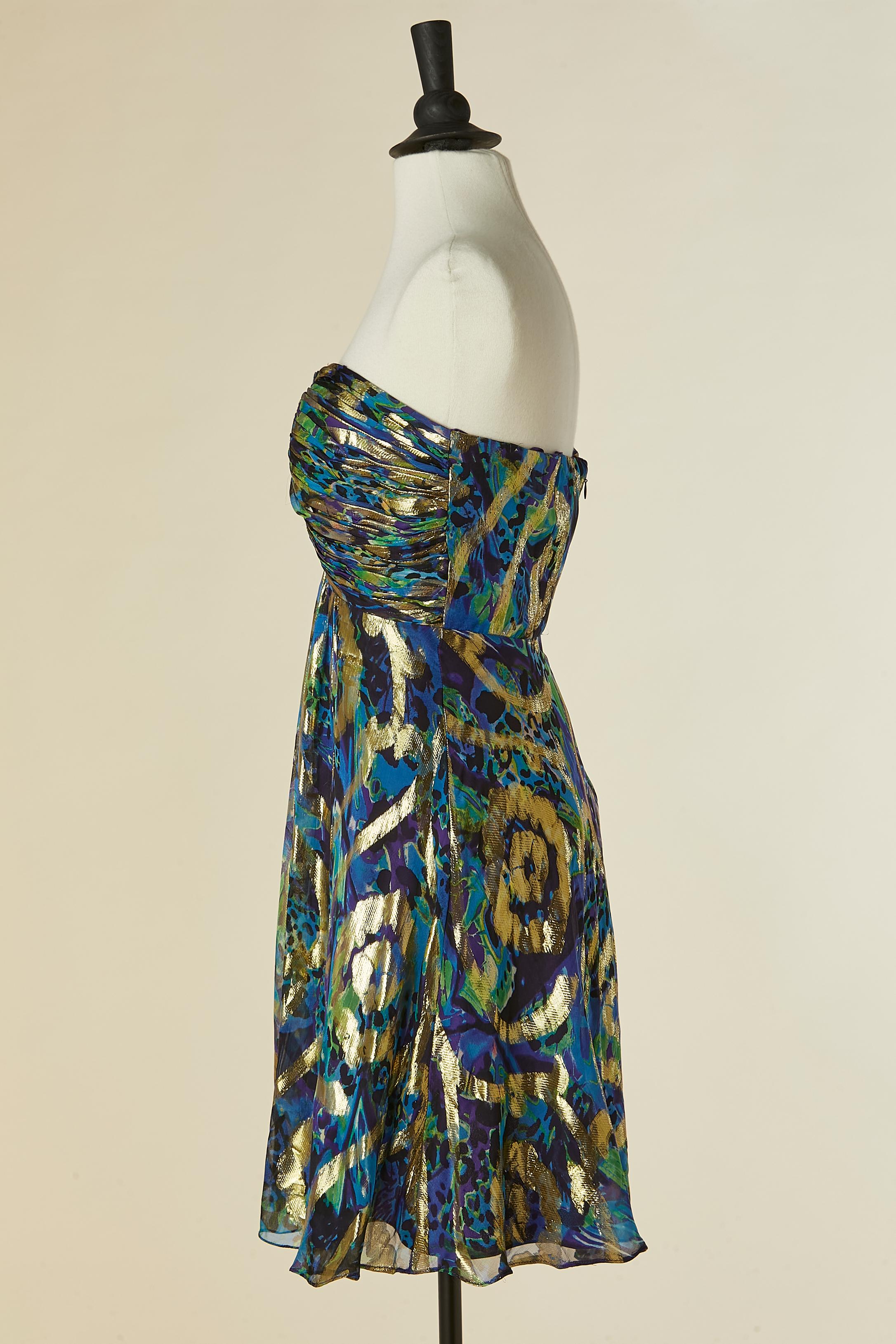 Robe de cocktail bustier imprimée et plissée en lamé de soie OLEG CASSINI Pour femmes en vente