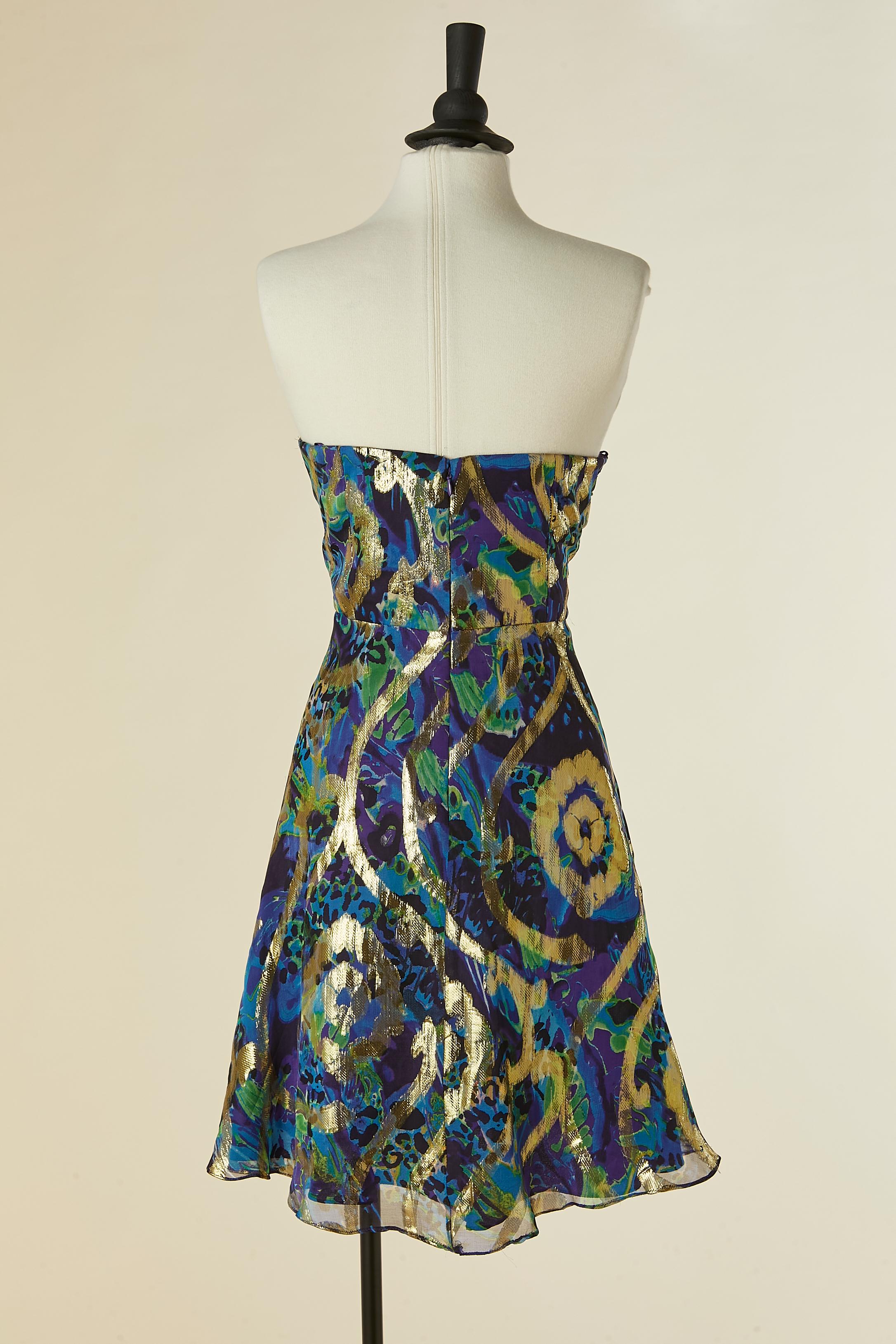Robe de cocktail bustier imprimée et plissée en lamé de soie OLEG CASSINI en vente 1