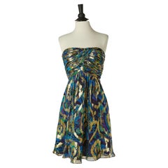 Robe de cocktail bustier imprimée et plissée en lamé de soie OLEG CASSINI