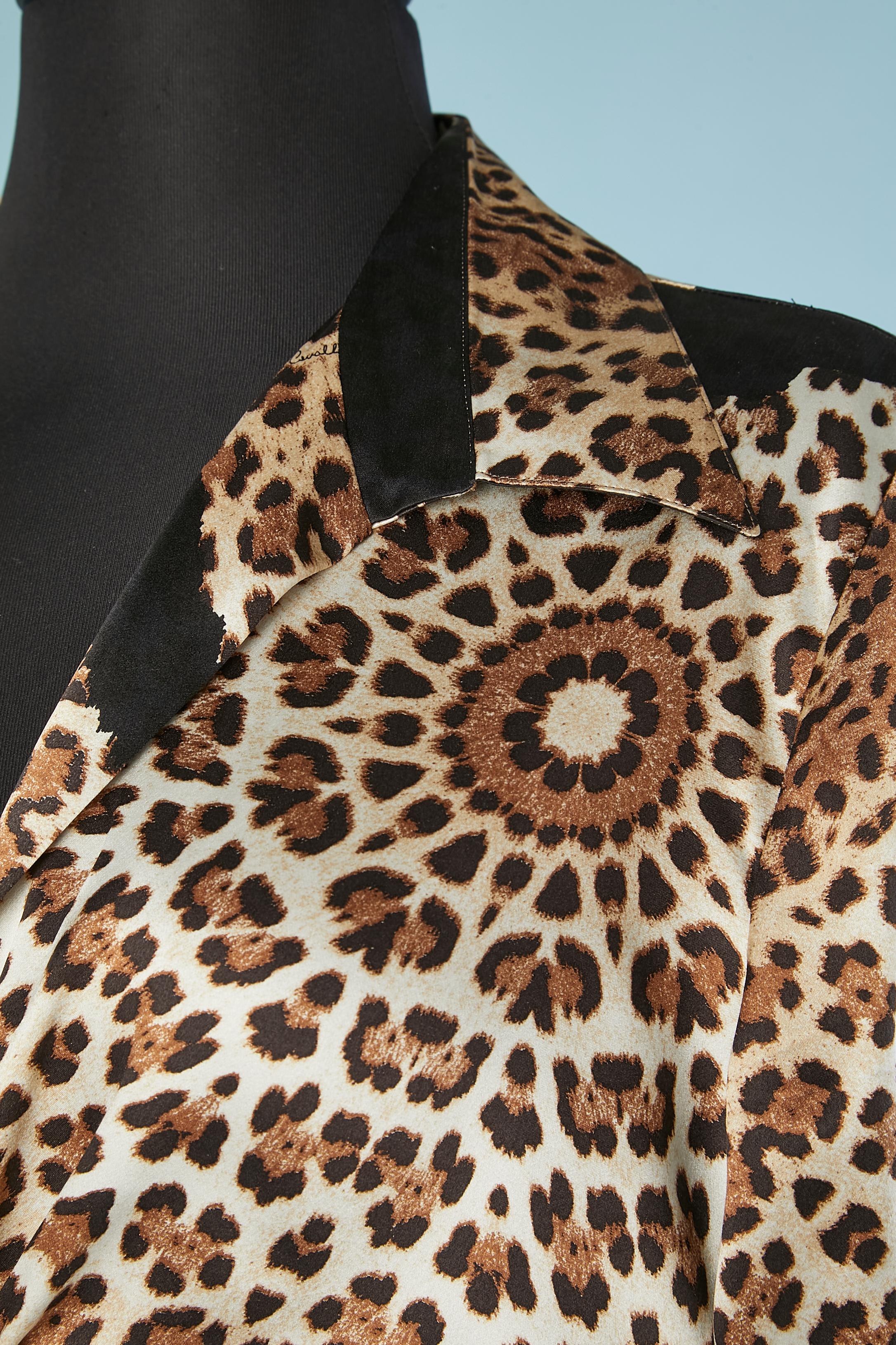 Black Silk leopard shirt with rhinestone brooch in the middle front Roberto Cavalli  For Sale